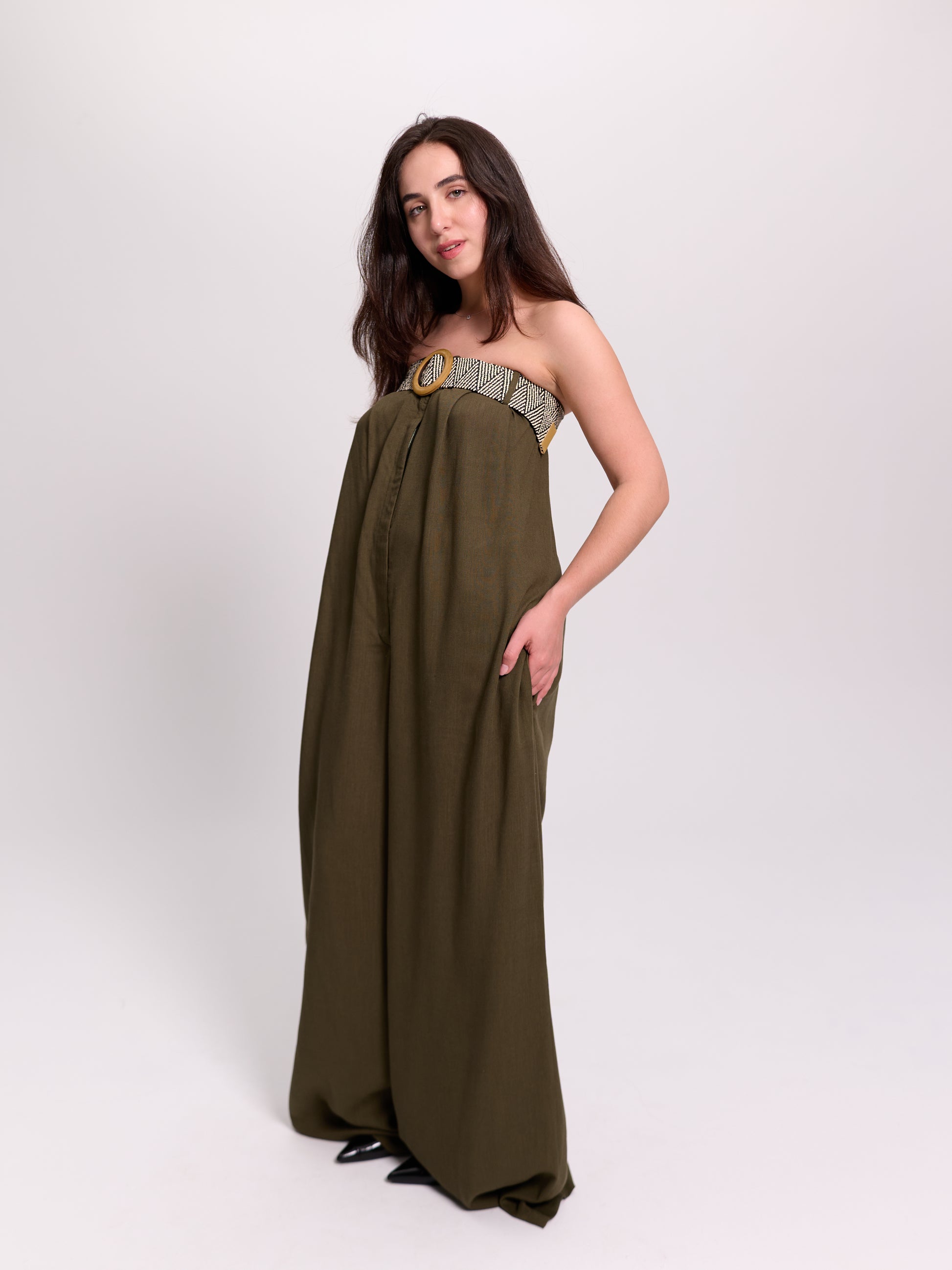 Khaki Belted Strapless Linen Jumpsuit