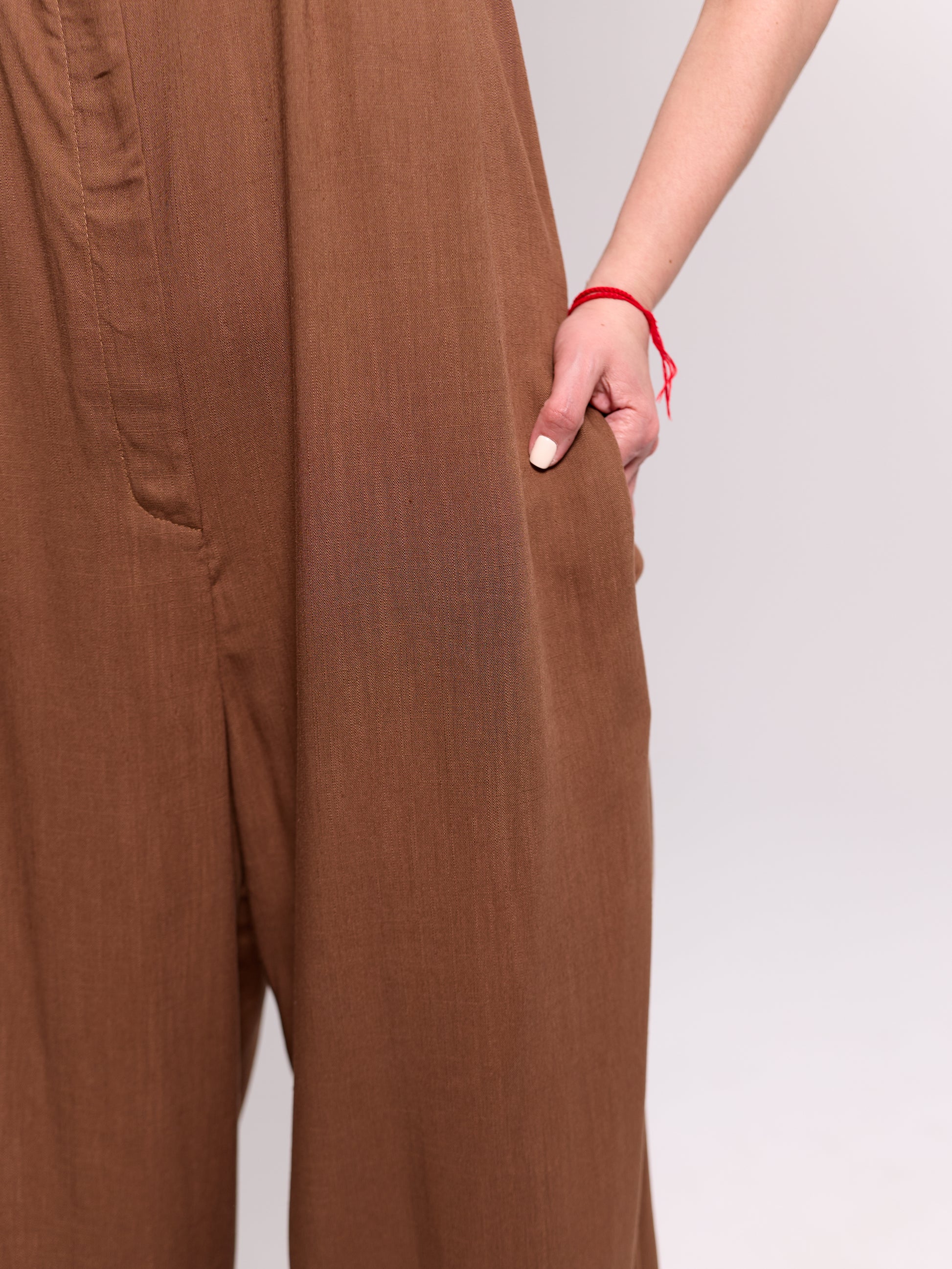 Camel Belted Strapless Linen Jumpsuit