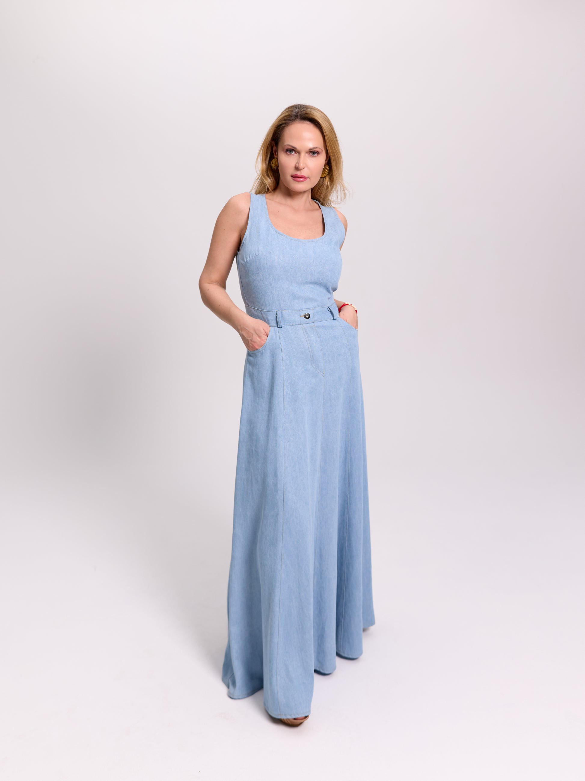 Scoop-Neck Denim Maxi Dress