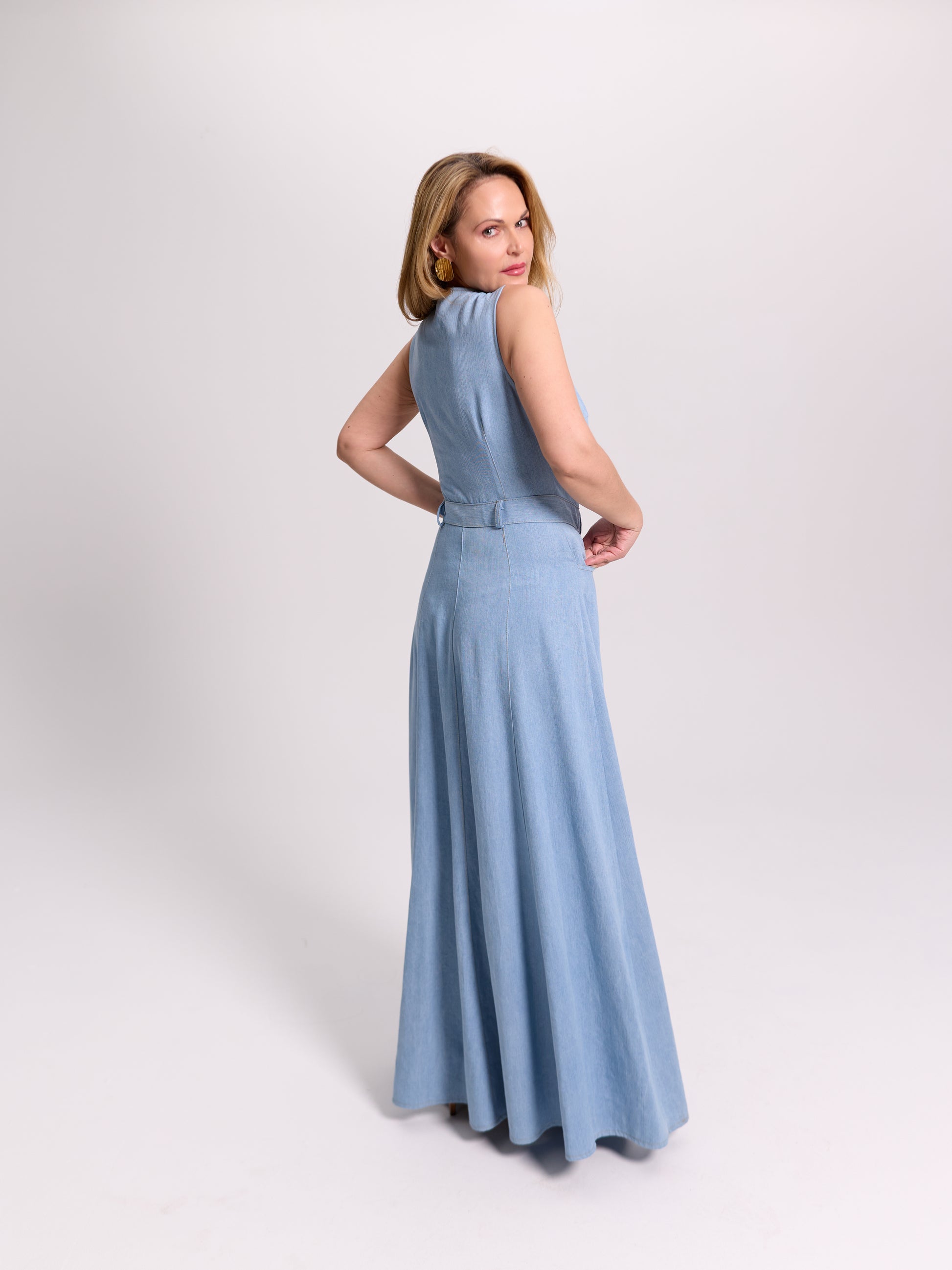Scoop-Neck Denim Maxi Dress