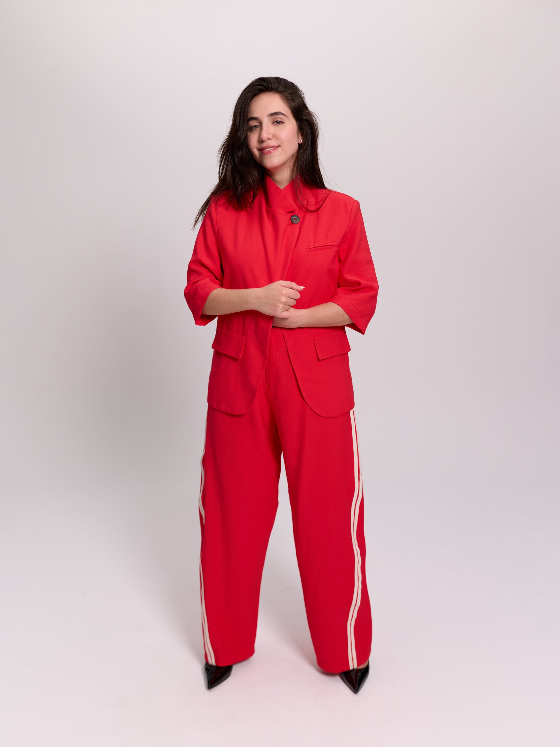 Red Side-Stripe Balloon-Leg Trousers