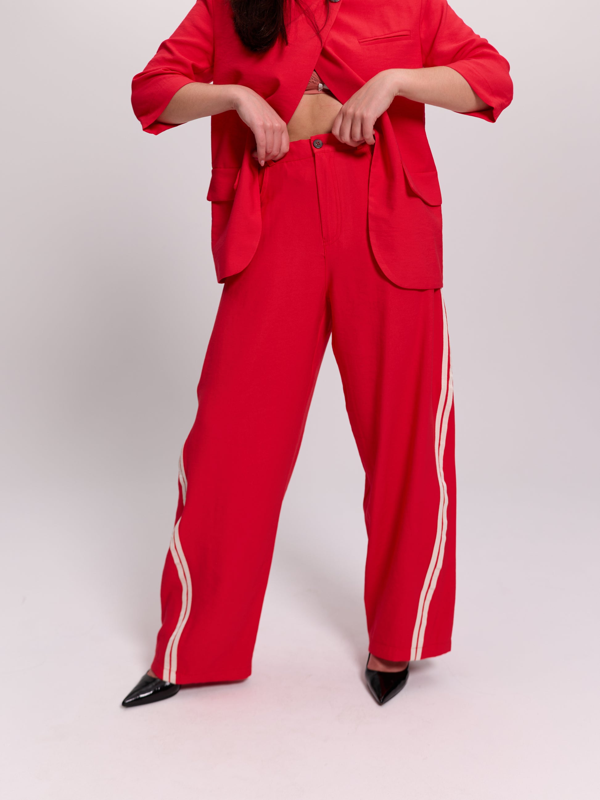 Red Side-Stripe Balloon-Leg Trousers