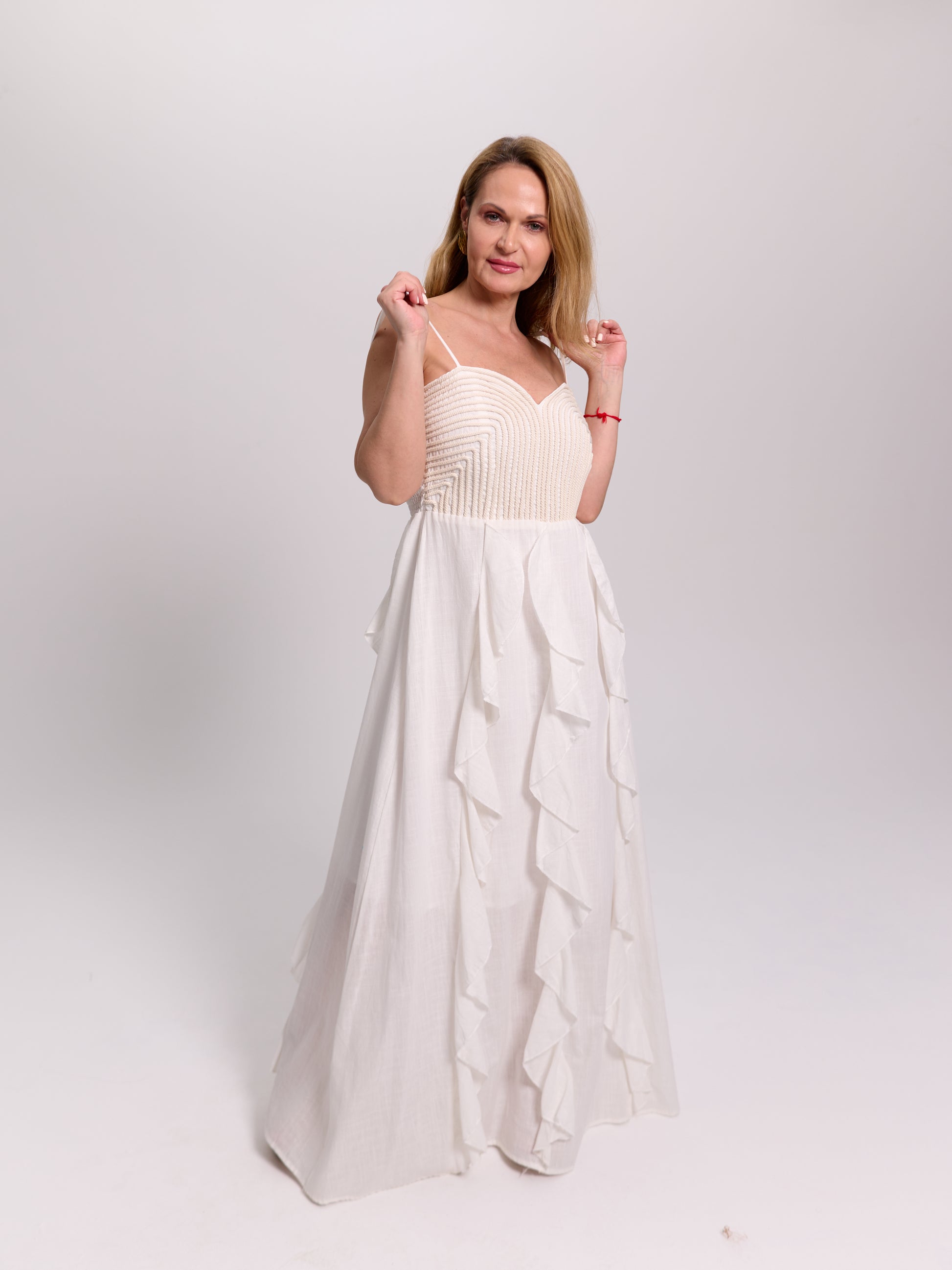 White Ruffle-Front Maxi Dress