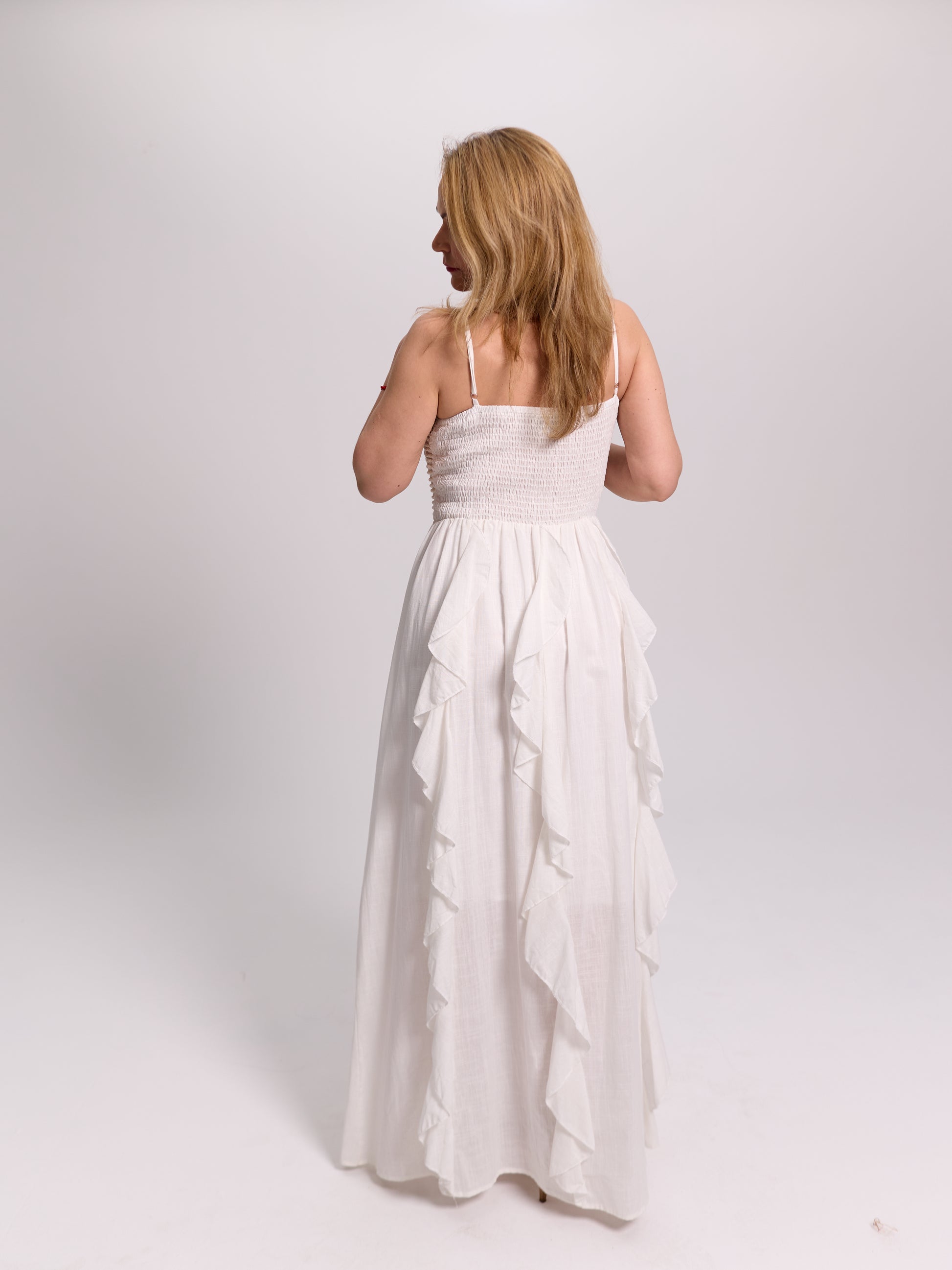 White Ruffle-Front Maxi Dress