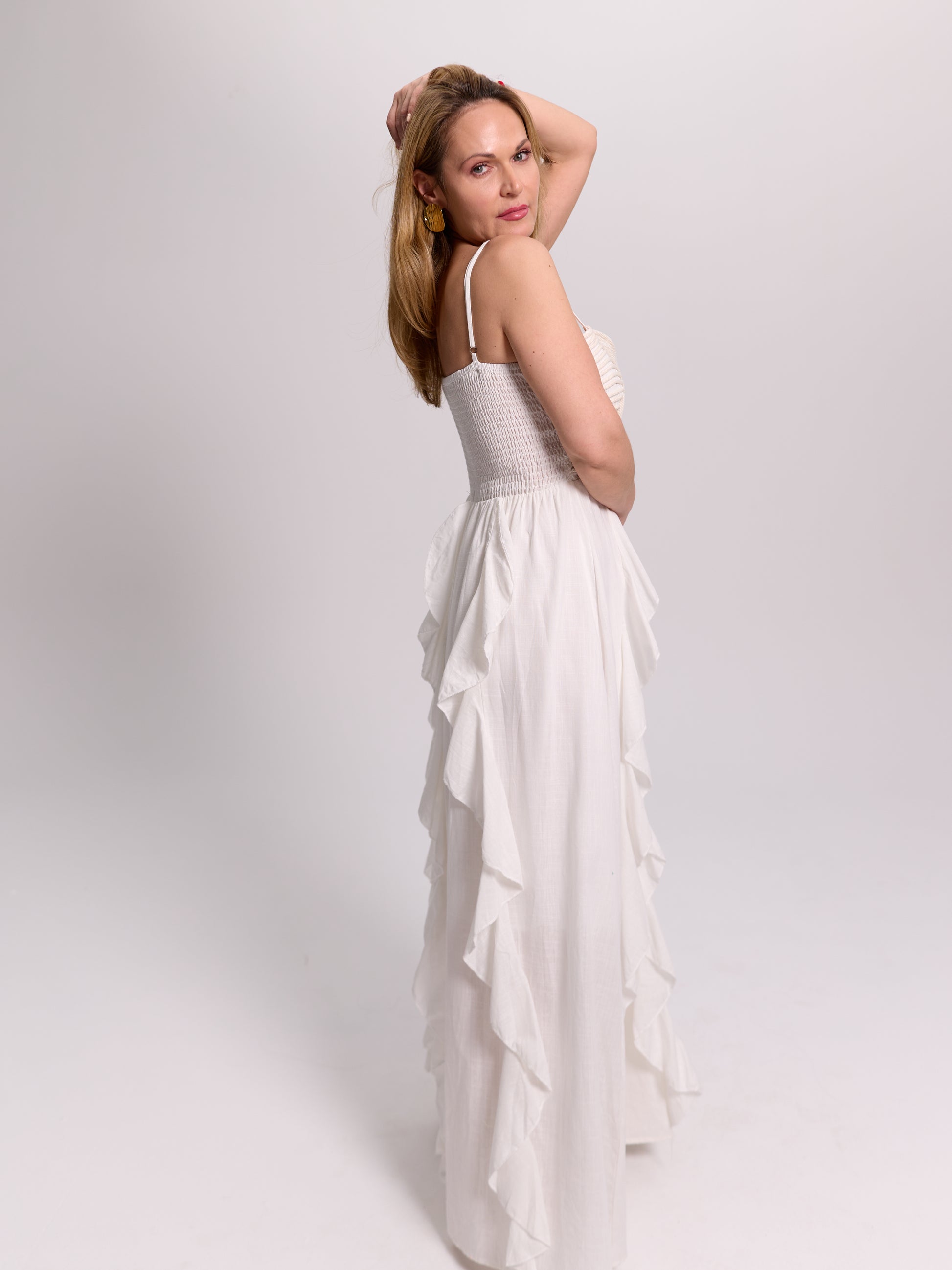 White Ruffle-Front Maxi Dress