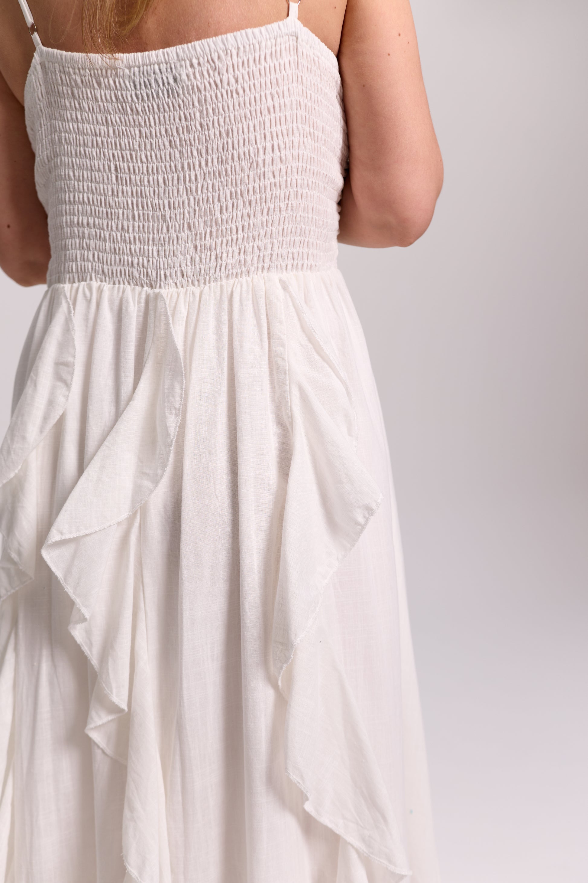 White Ruffle-Front Maxi Dress