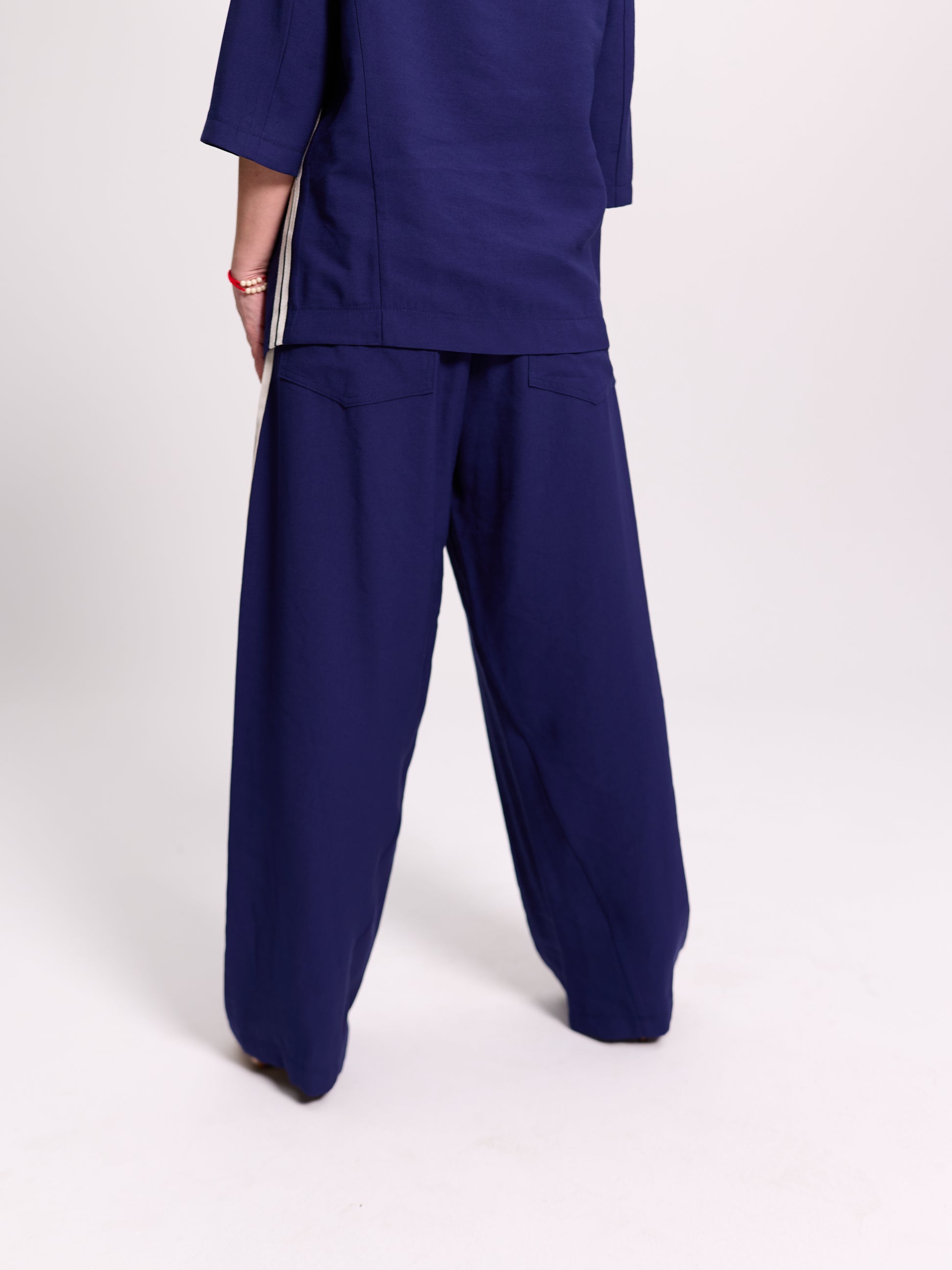 Navy Side-Stripe Balloon-Leg Trousers