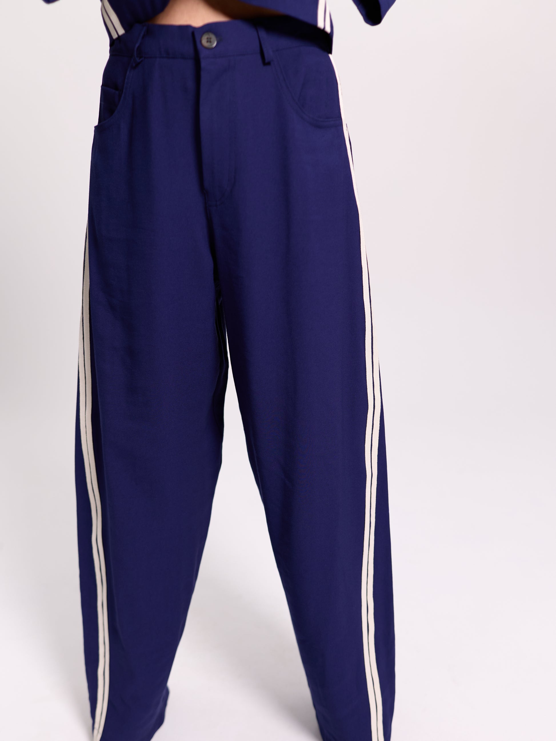 Navy Side-Stripe Balloon-Leg Trousers