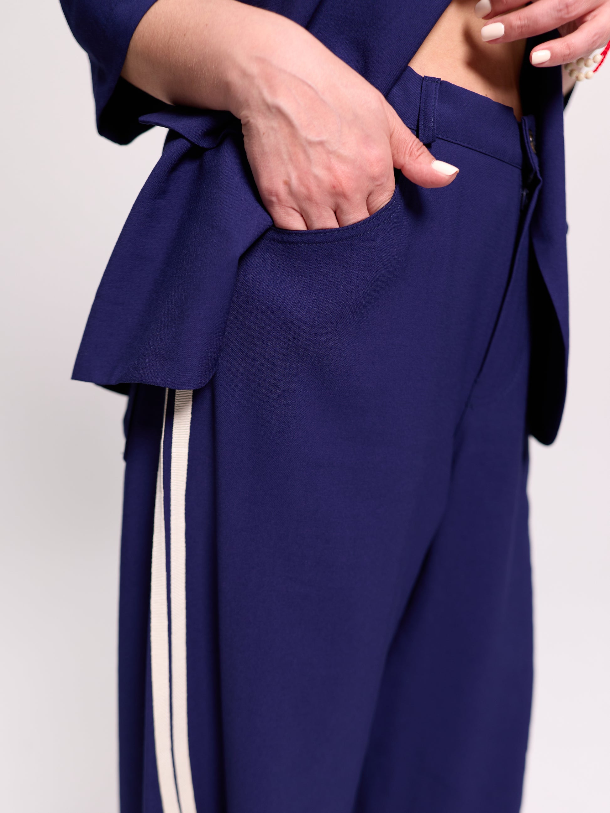 Navy Side-Stripe Balloon-Leg Trousers