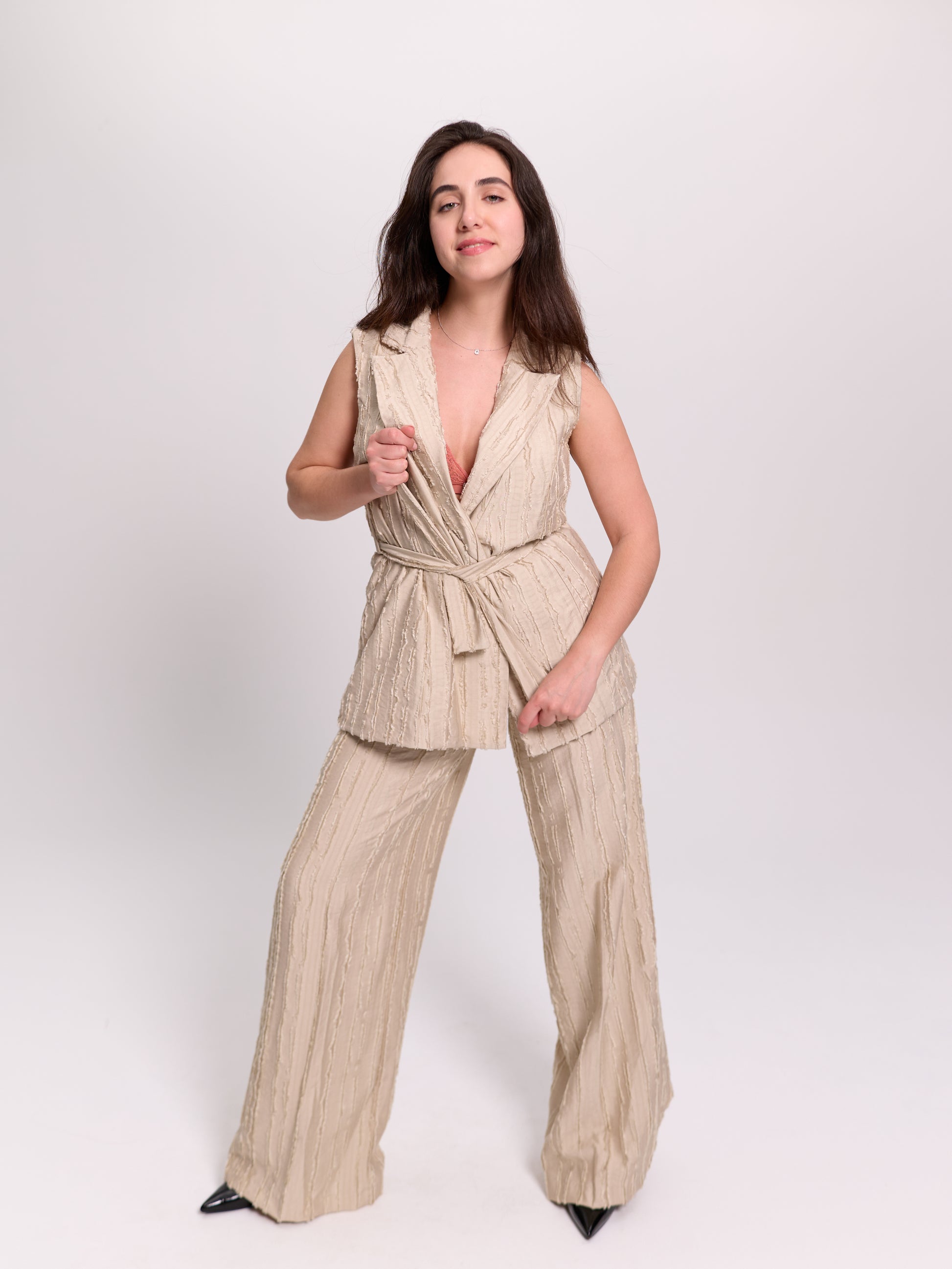 Beige Frayed-Texture Wide-Leg Trousers