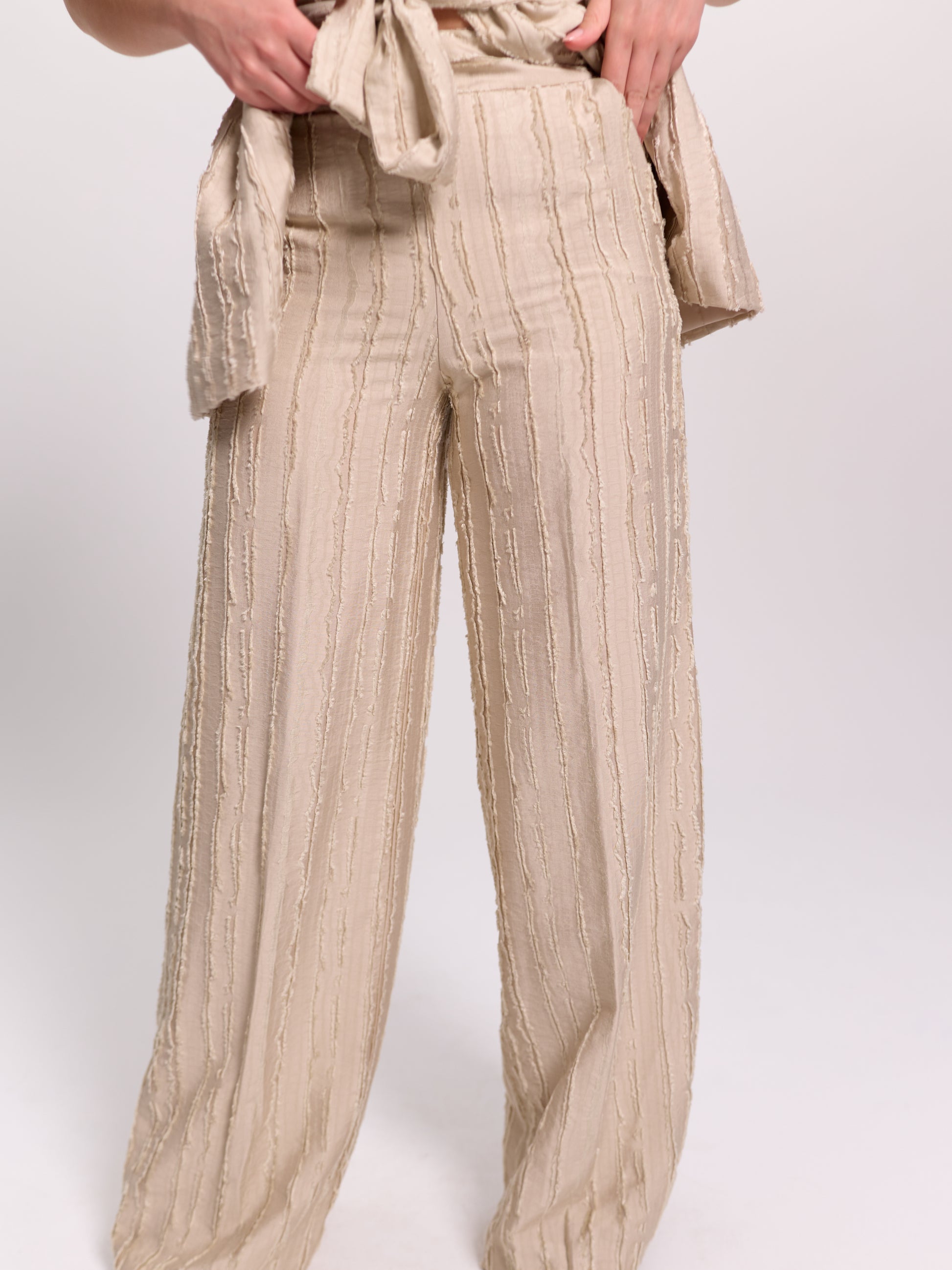 Beige Frayed-Texture Wide-Leg Trousers
