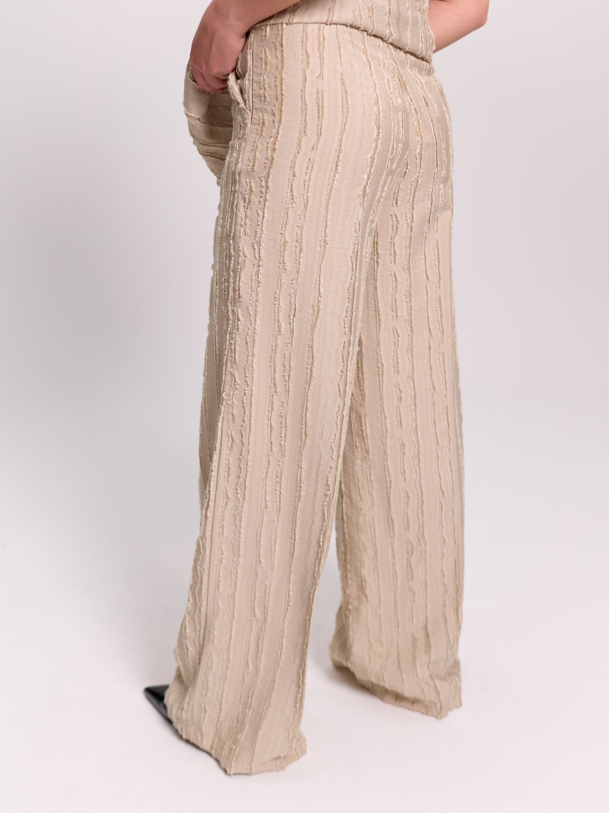 Beige Frayed-Texture Wide-Leg Trousers