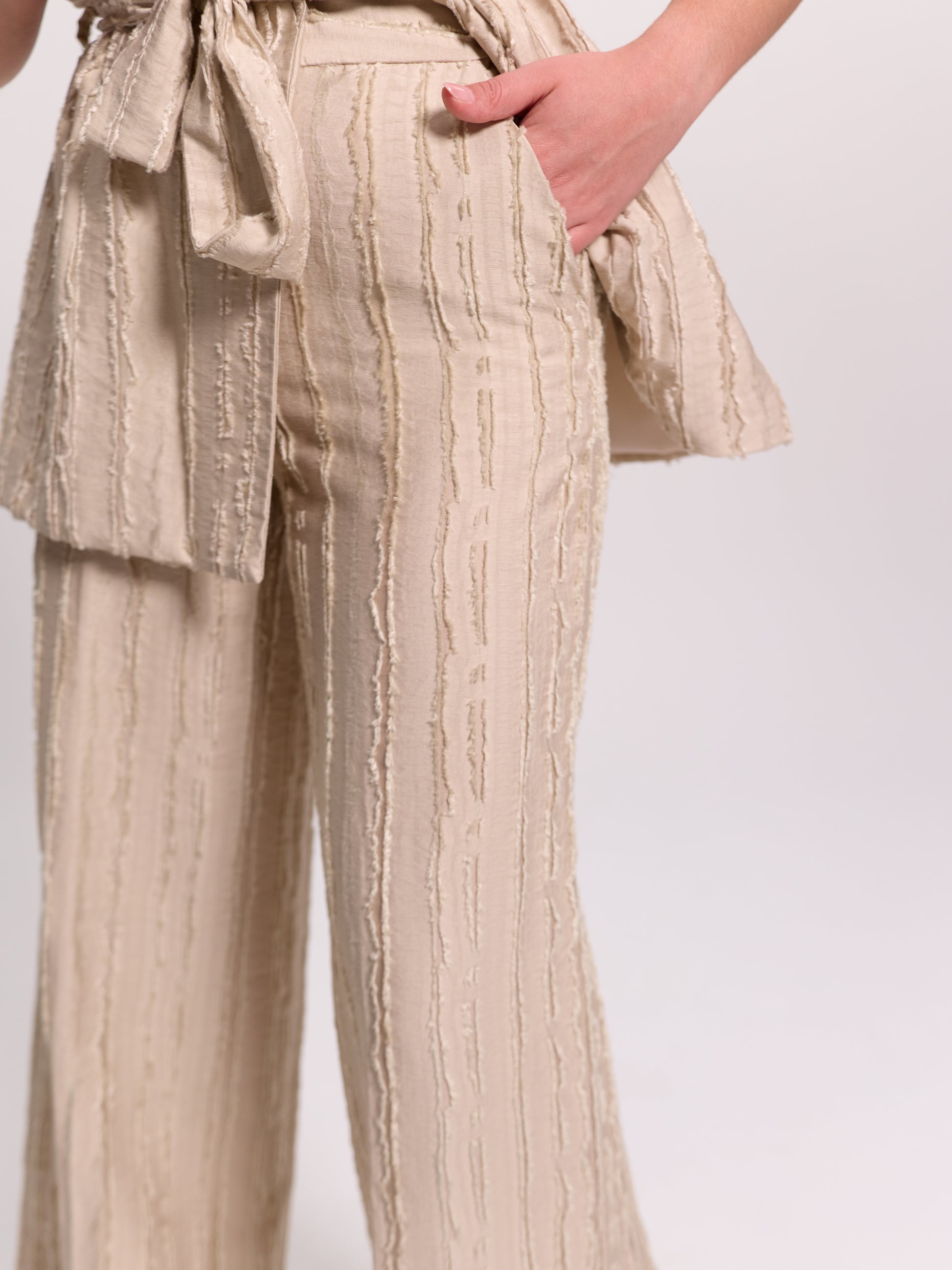 Beige Frayed-Texture Wide-Leg Trousers