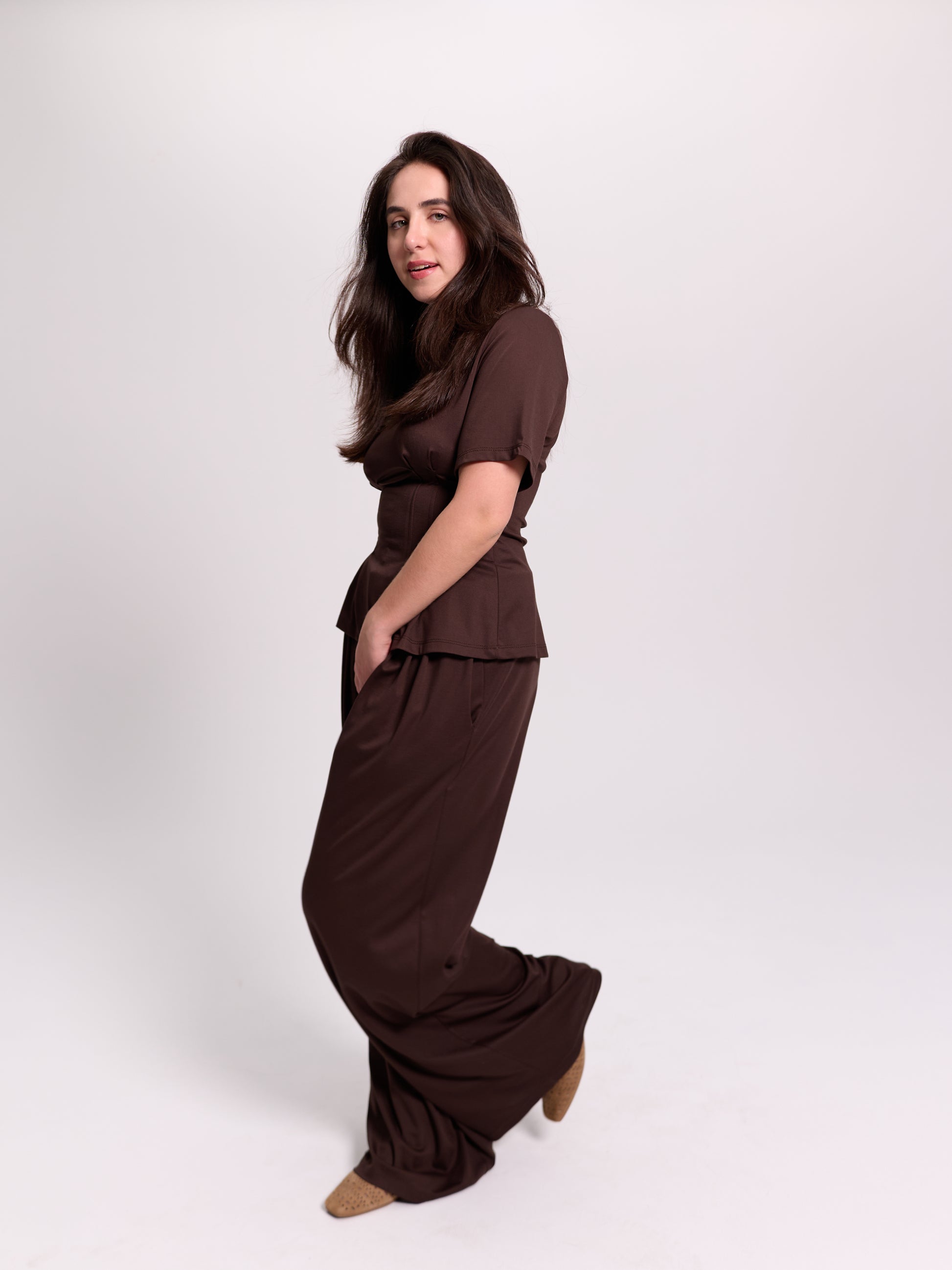 Brown Pleated Wide-Leg Trousers