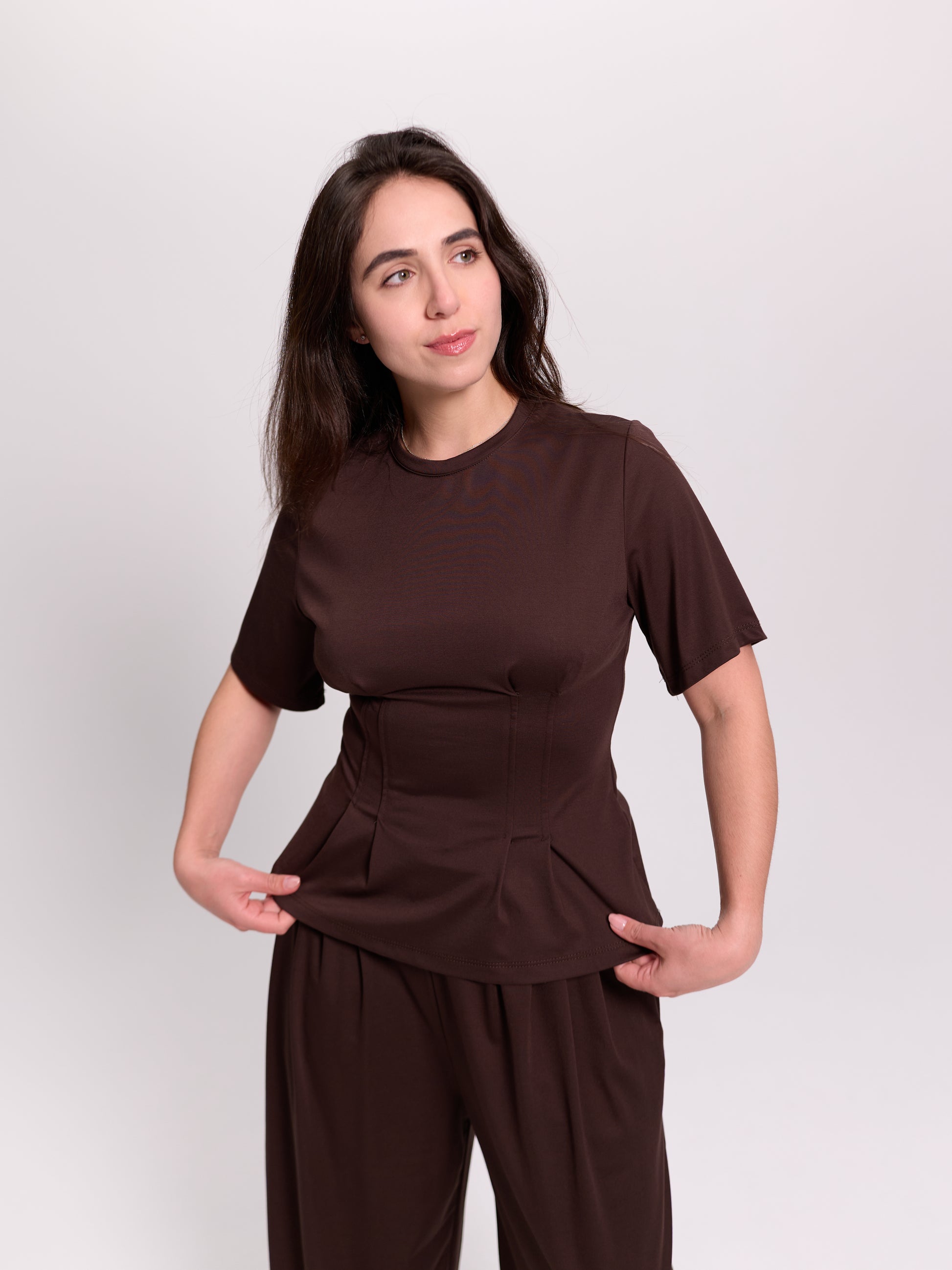 Brown Corset-Seam Peplum Top