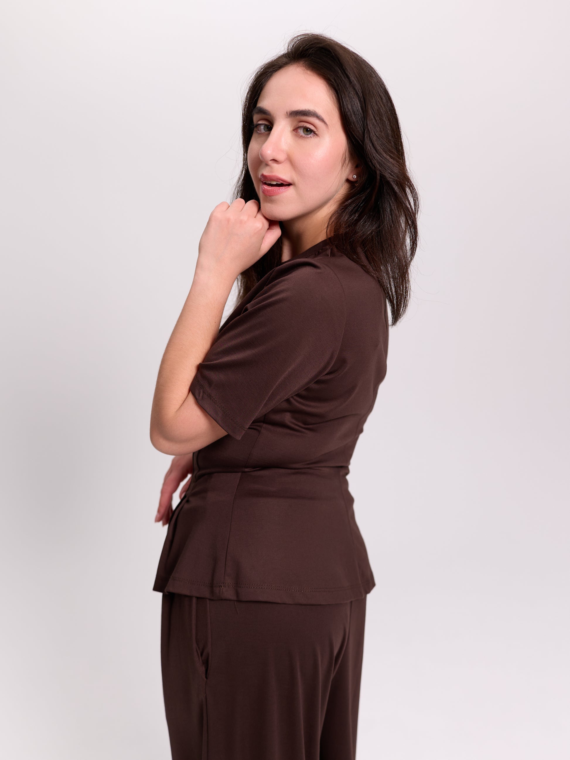 Brown Corset-Seam Peplum Top