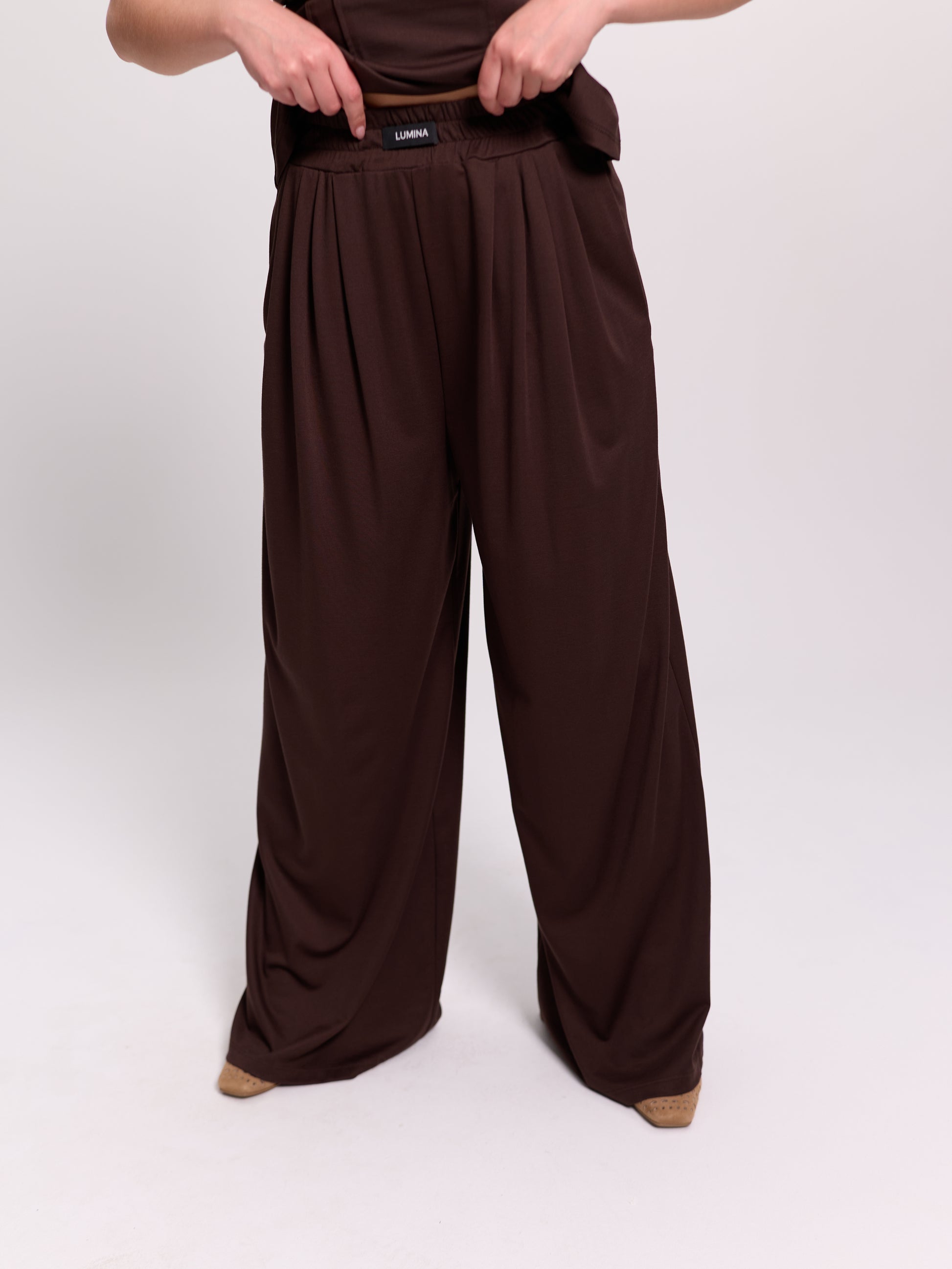 Brown Pleated Wide-Leg Trousers