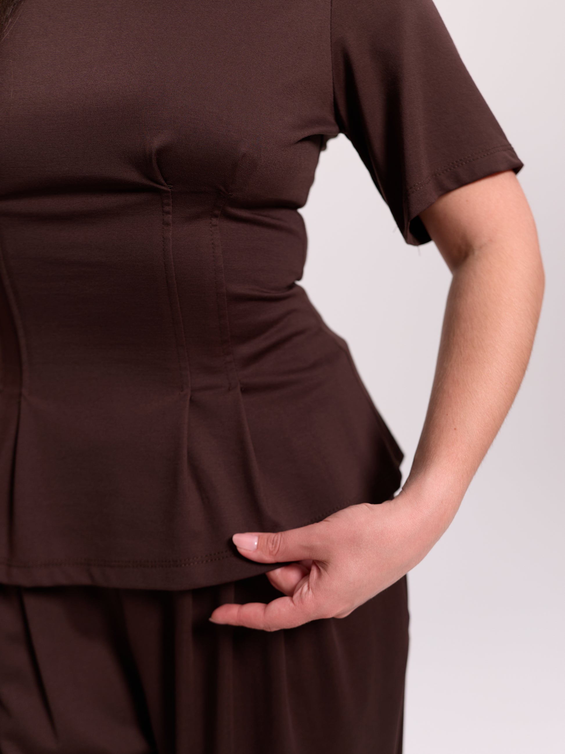 Brown Corset-Seam Peplum Top