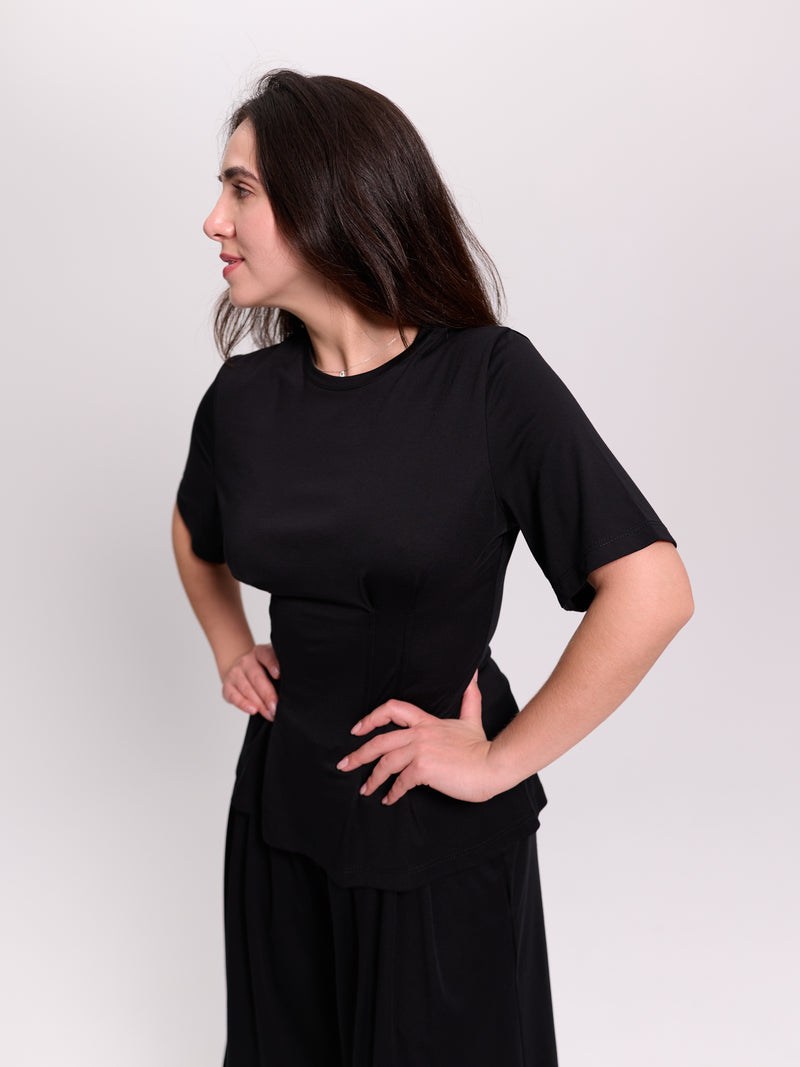 Black Corset-Seam Peplum Top