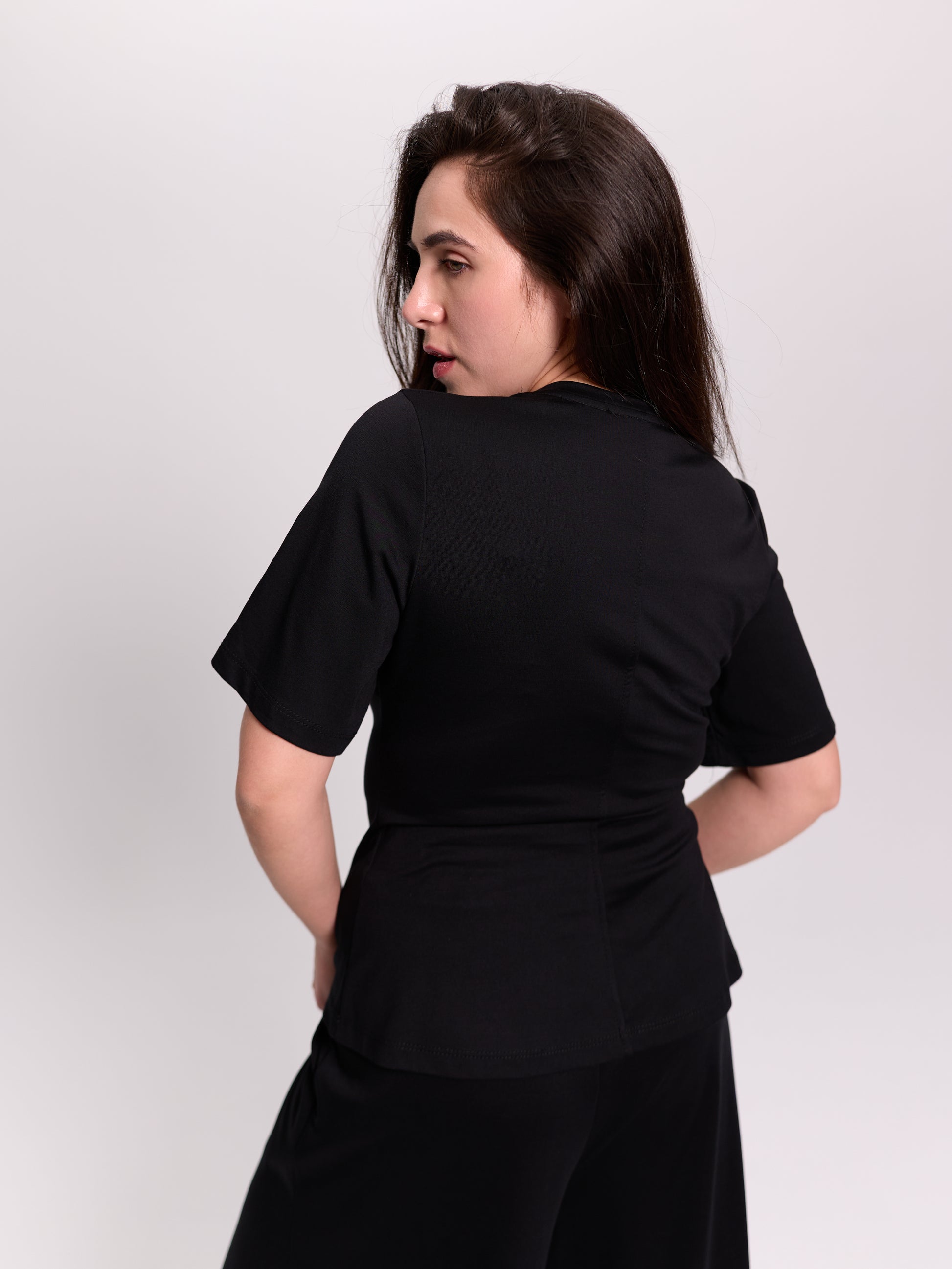 Black Corset-Seam Peplum Top