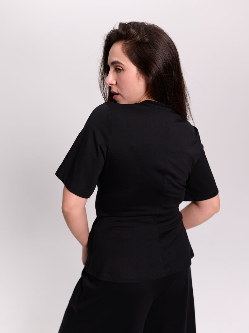 Black Corset-Seam Peplum Top