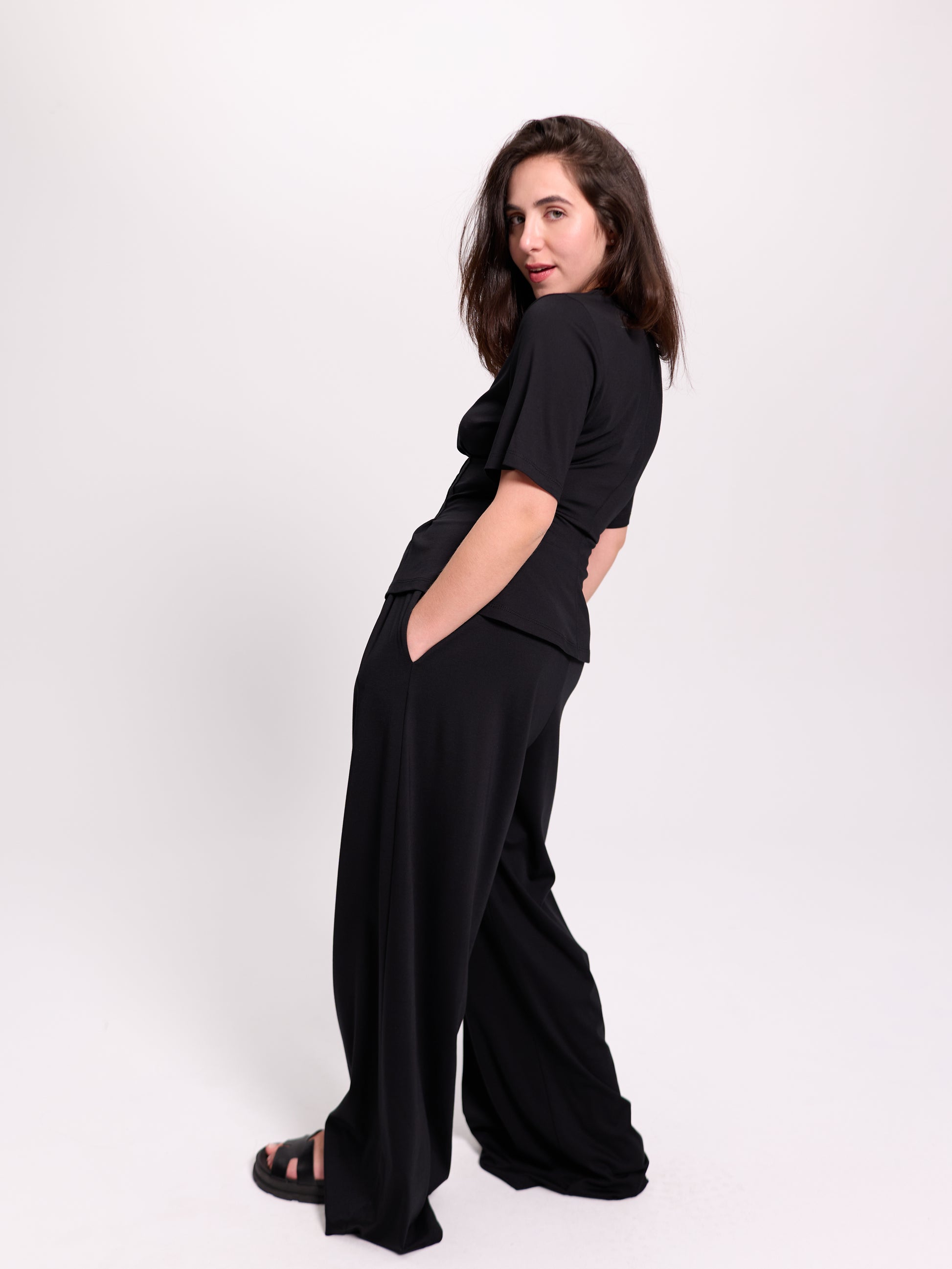 Black Pleated Wide-Leg Trousers