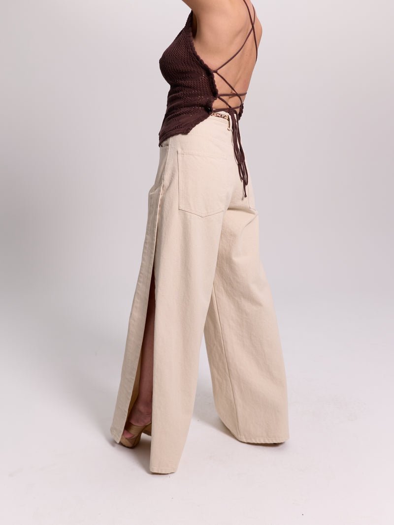 Wide-Leg Slit-Hem Jeans With Braided Tie