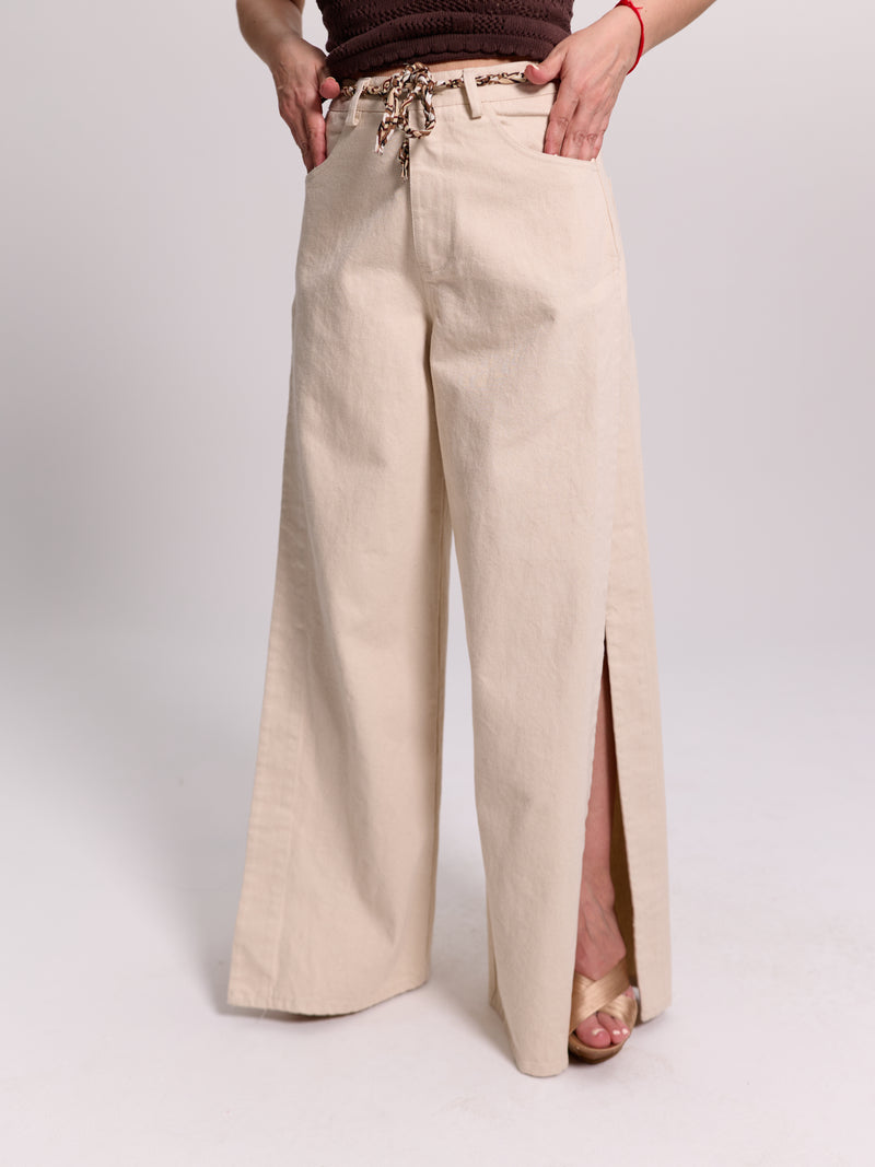 Wide-Leg Slit-Hem Jeans With Braided Tie