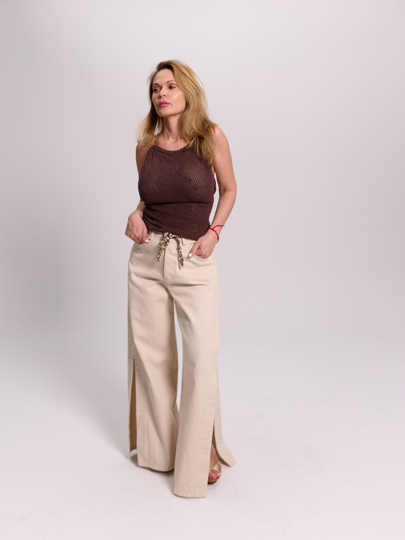 Wide-Leg Slit-Hem Jeans With Braided Tie