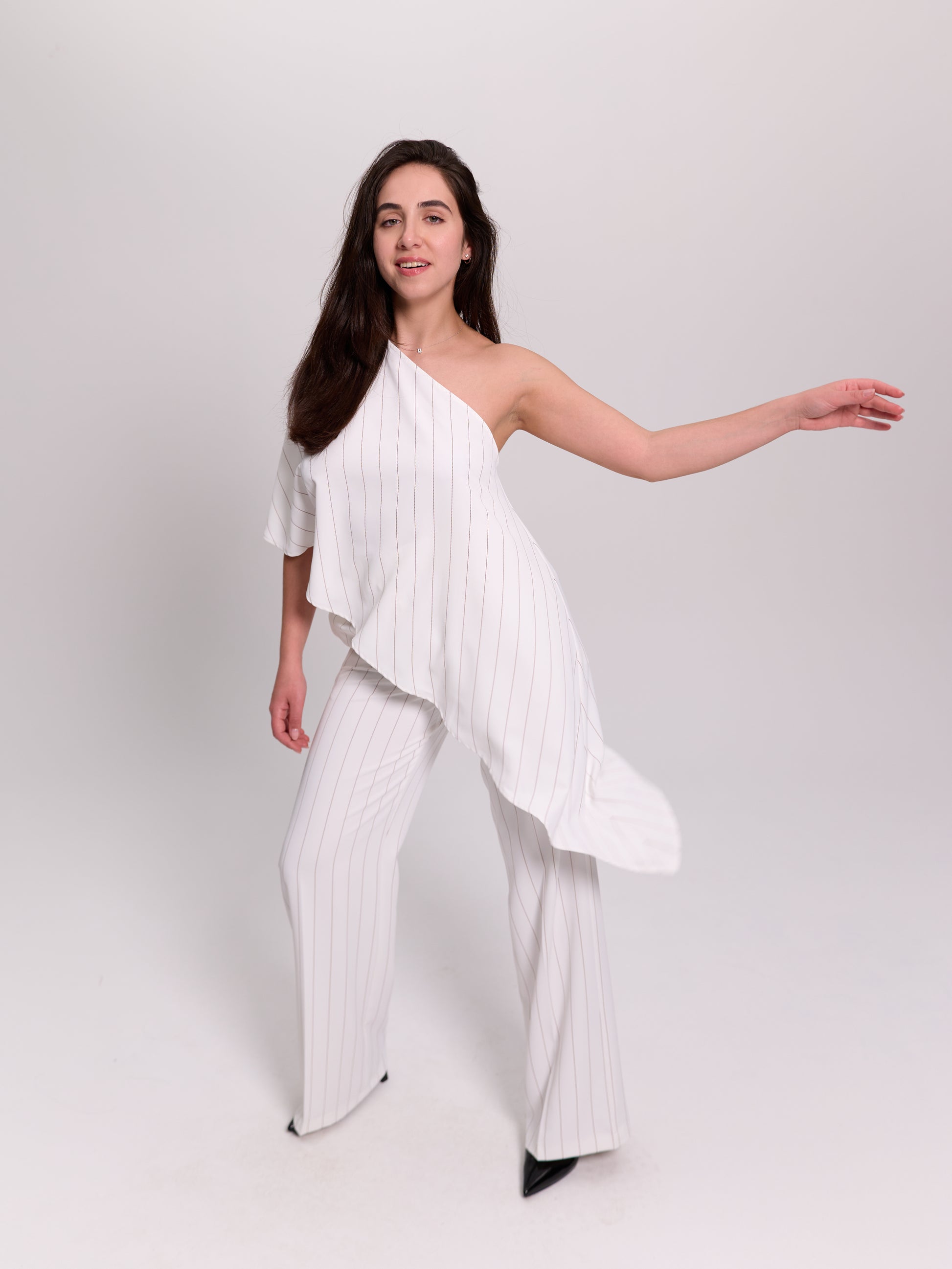 One-Shoulder Draped Pinstripe Top