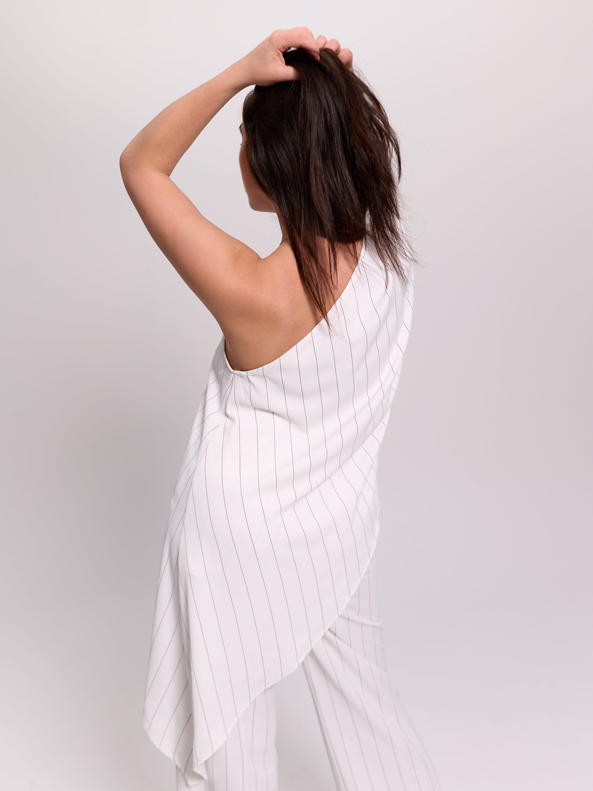 One-Shoulder Draped Pinstripe Top