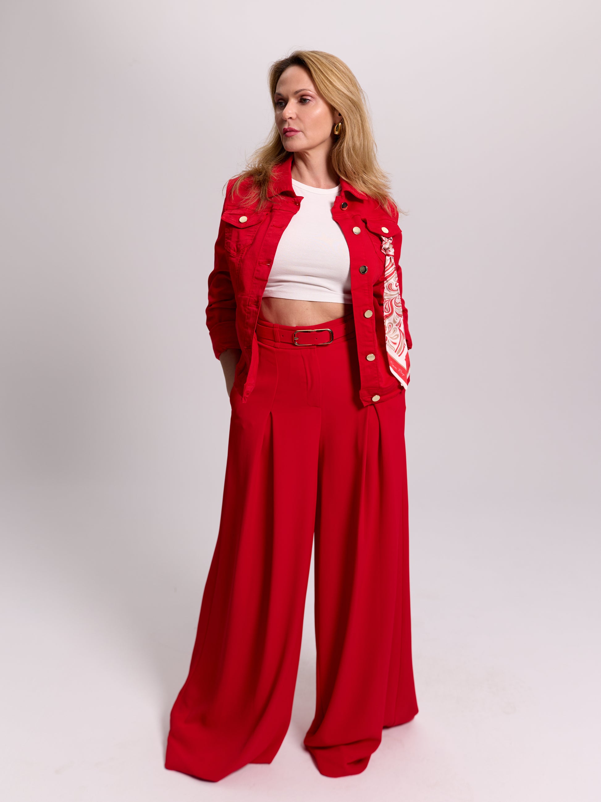 Red Belted Pleat-Front Trousers