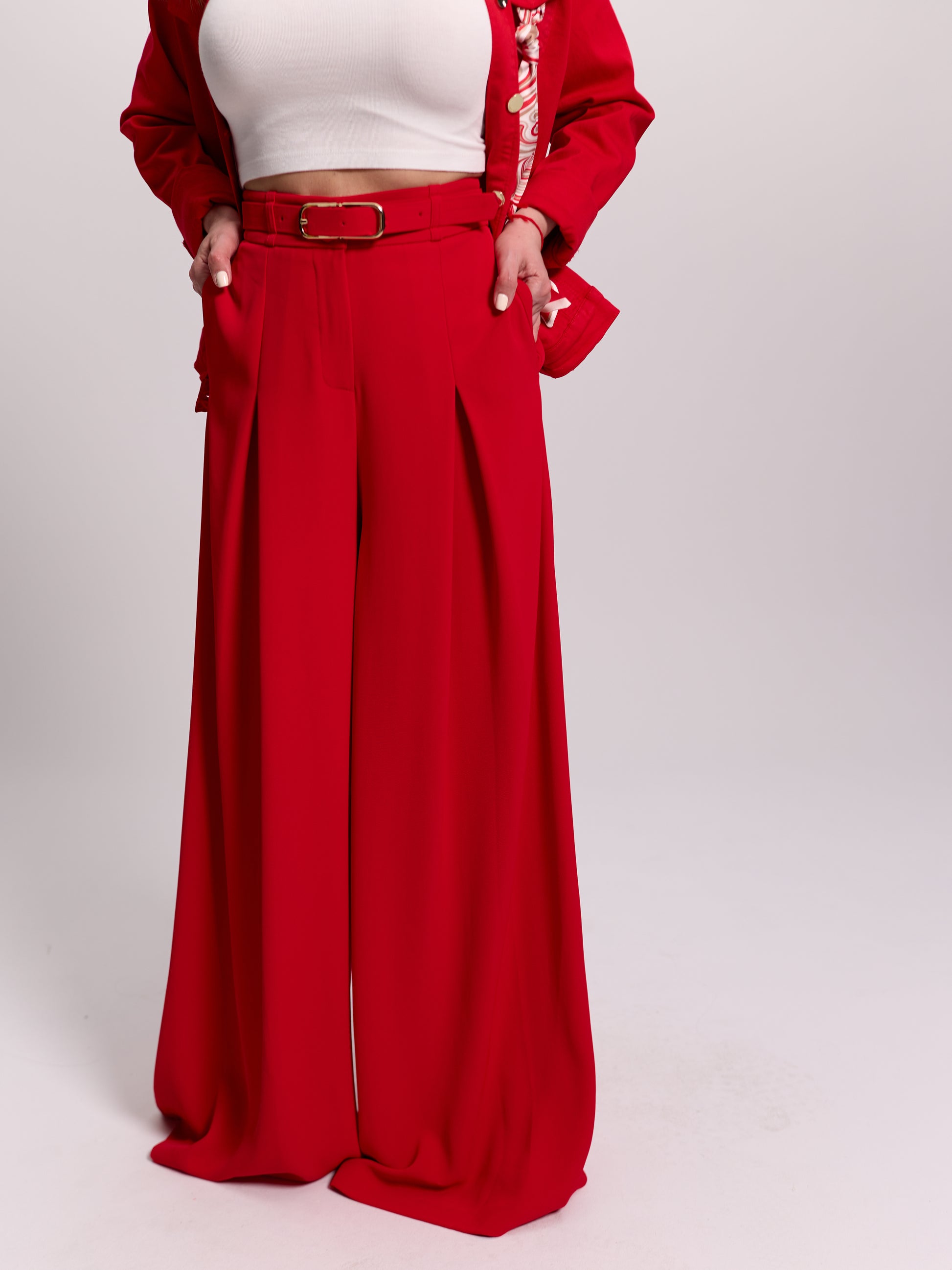 Red Belted Pleat-Front Trousers