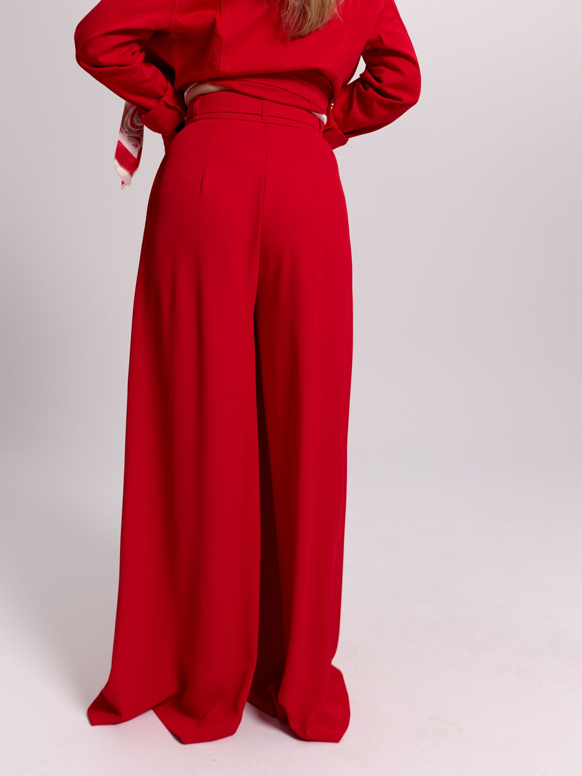 Red Belted Pleat-Front Trousers