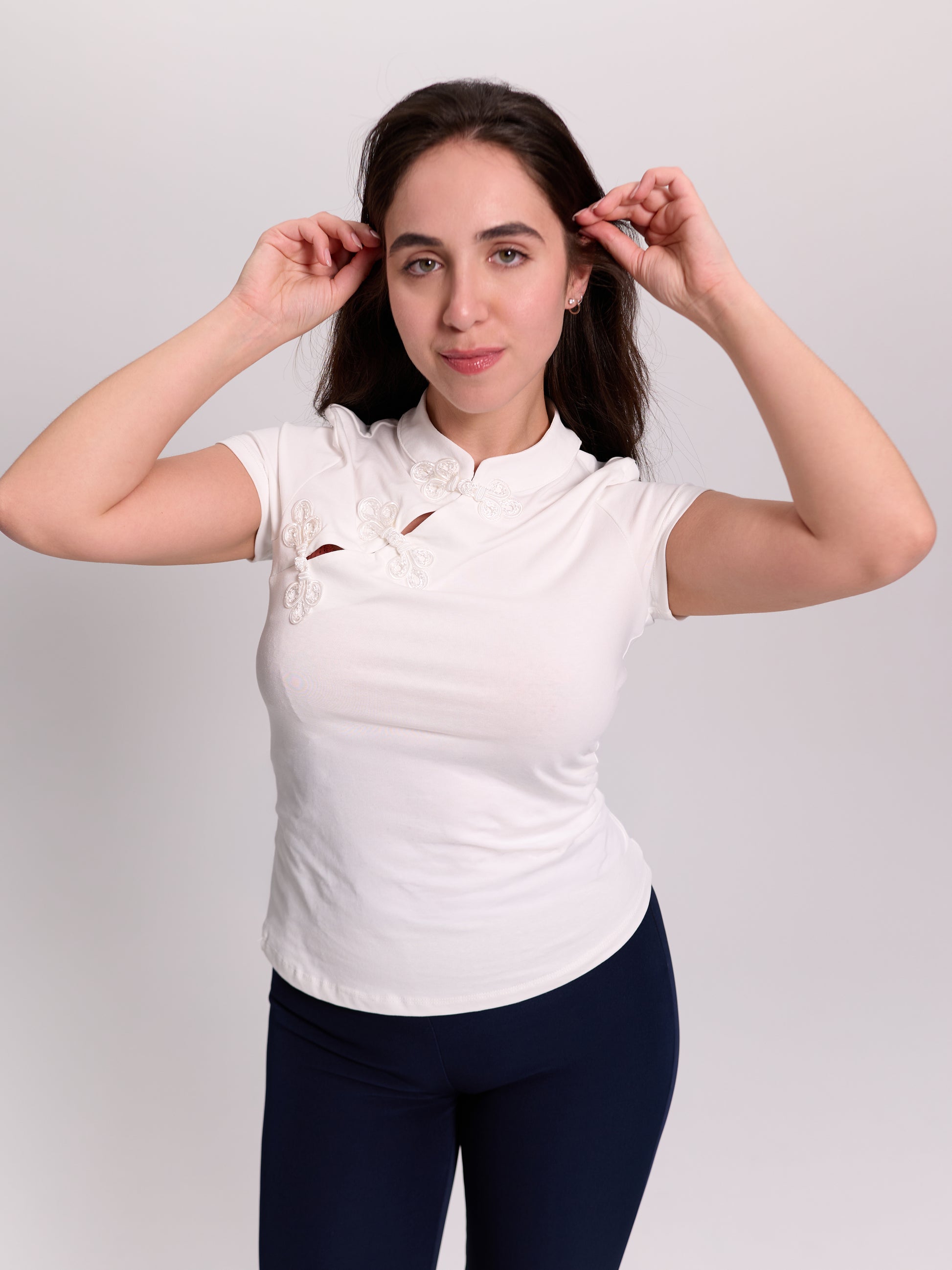 Frog-Button Mandarin Collar Top White