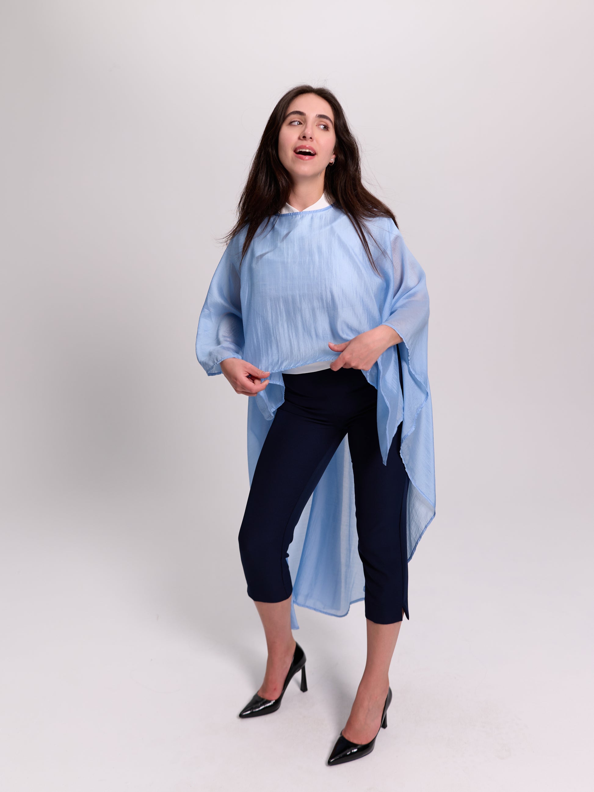 Baby Blue Sheer Batwing Cape Top