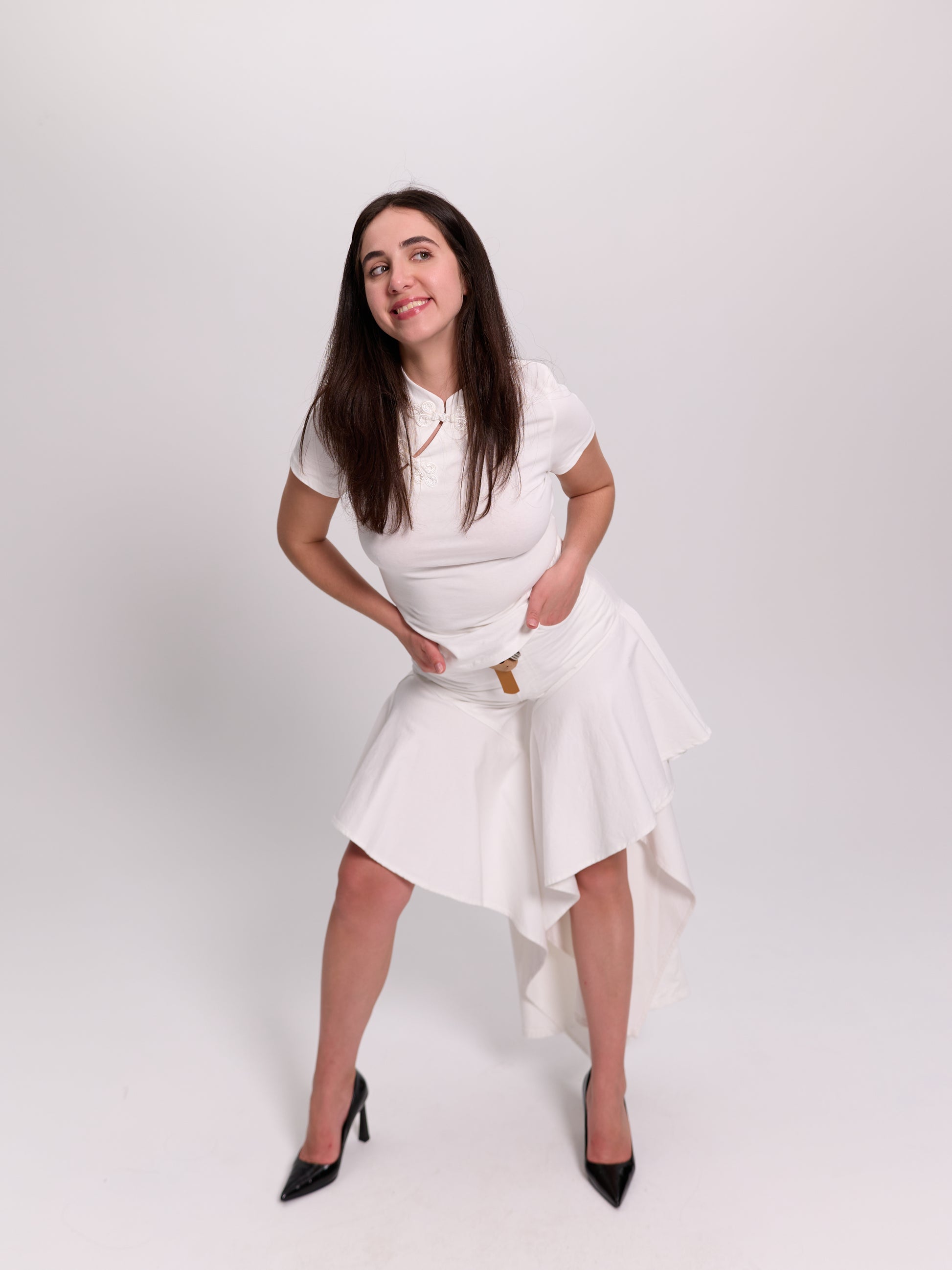 White Asymmetric Flared-Hem Denim Trousers