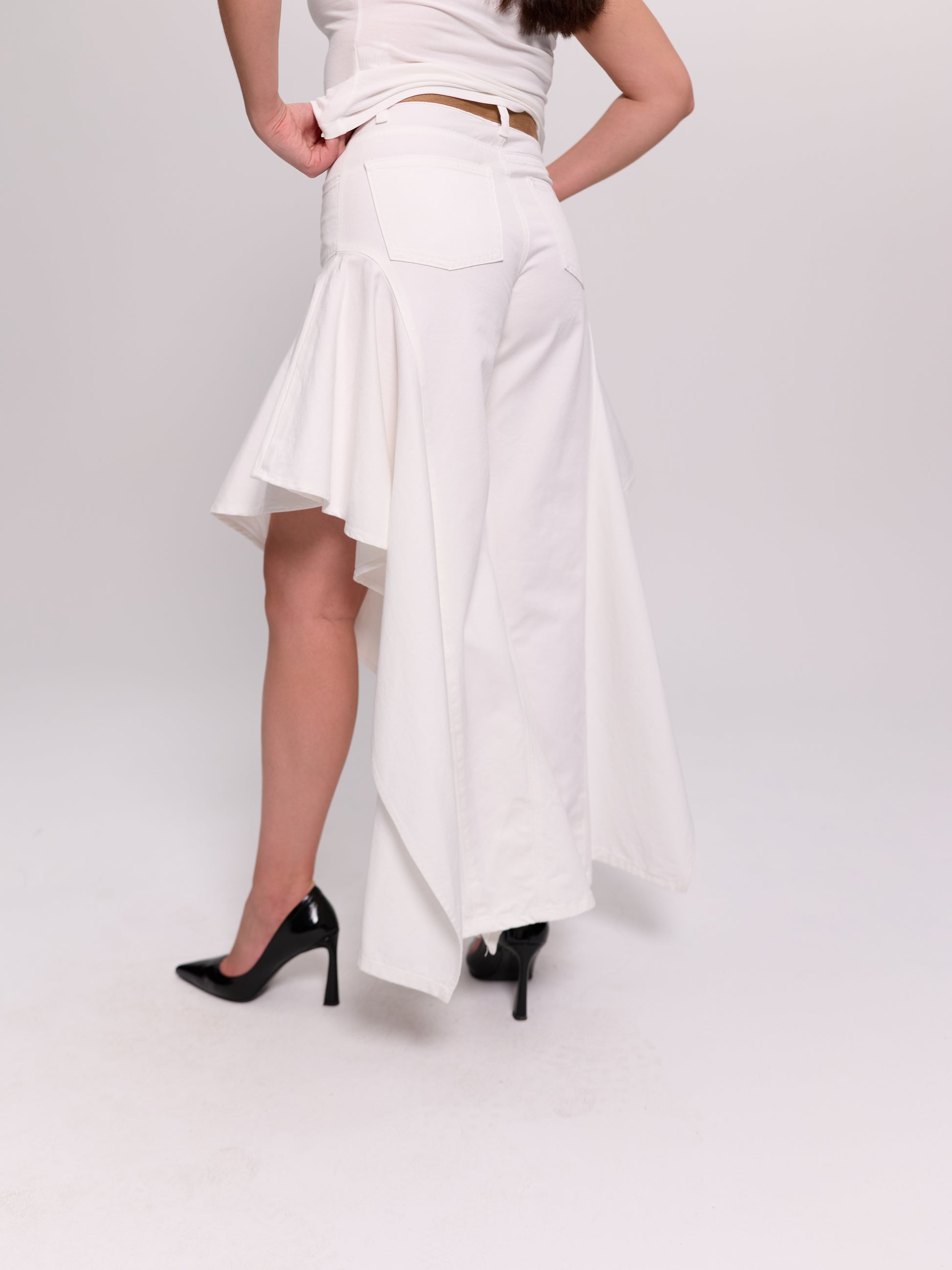 White Asymmetric Flared-Hem Denim Trousers