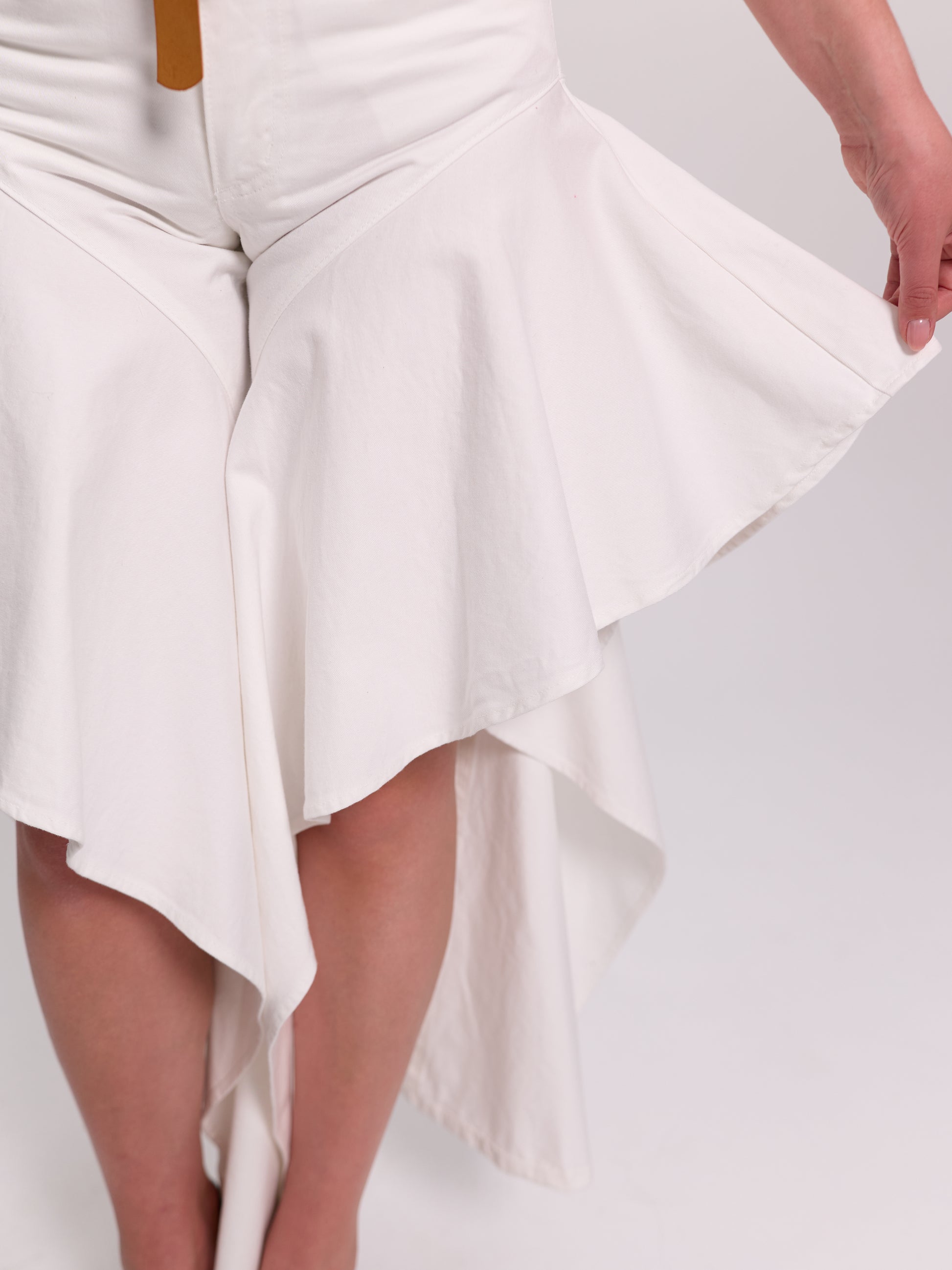 White Asymmetric Flared-Hem Denim Trousers