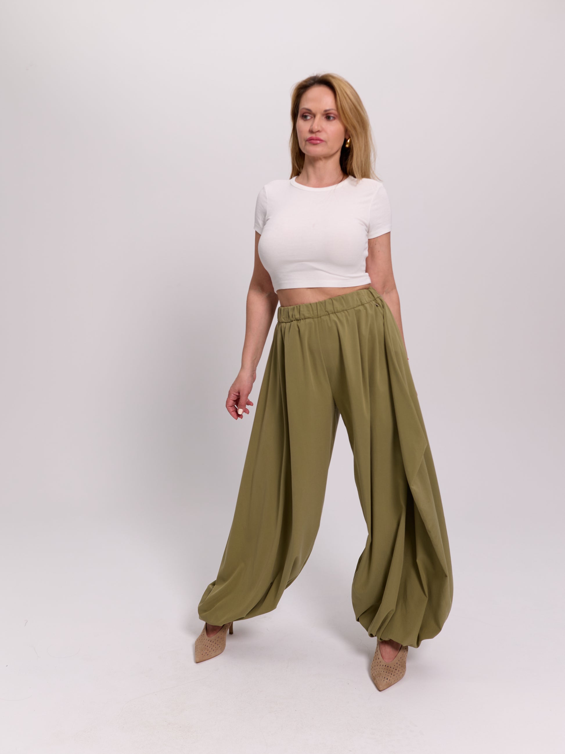 Khaki Gathered Harem Trousers