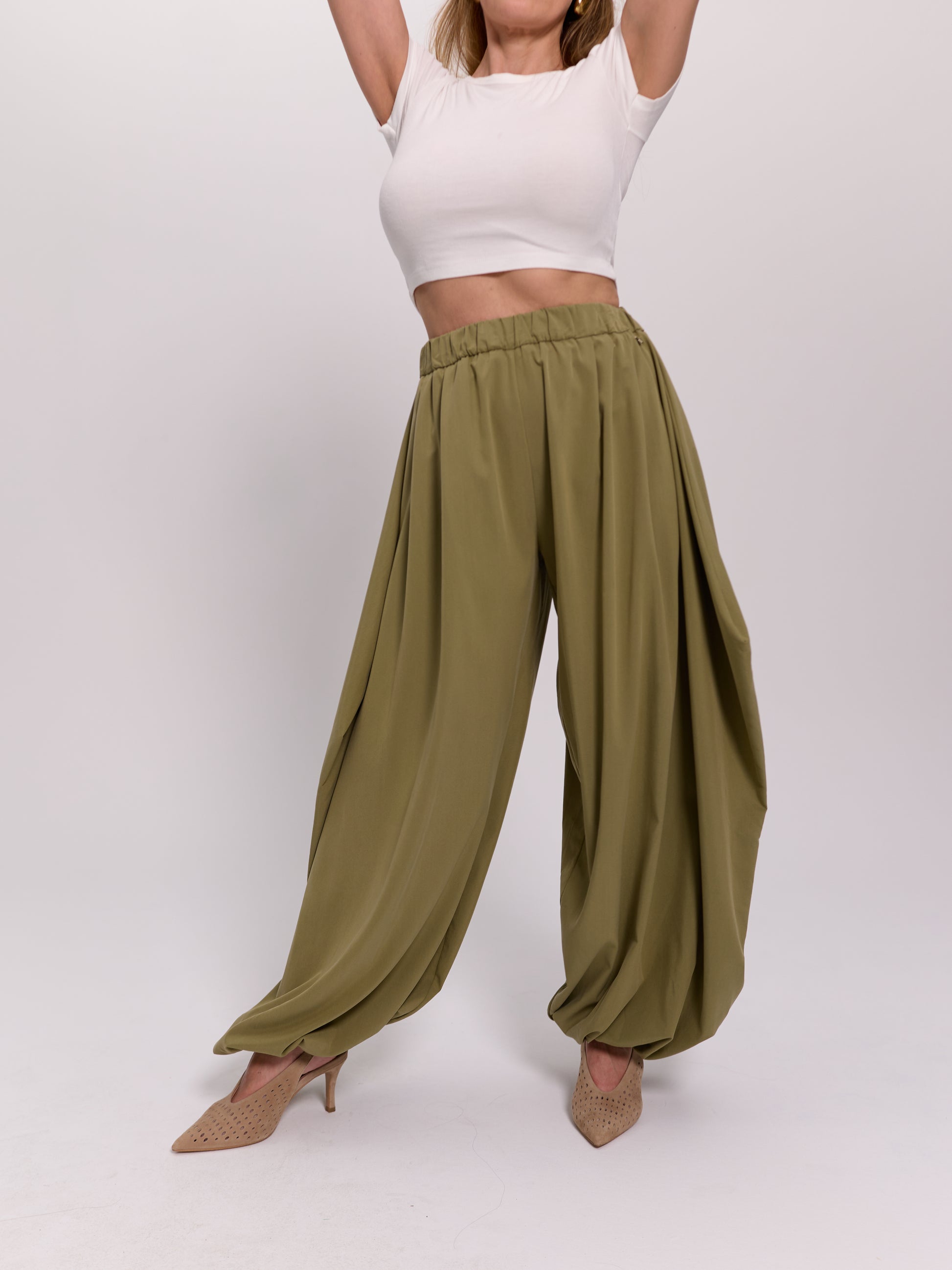 Khaki Gathered Harem Trousers