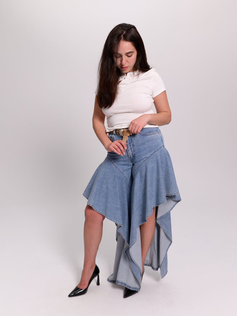 Light-wash Asymmetric Flared-Hem Denim Trousers