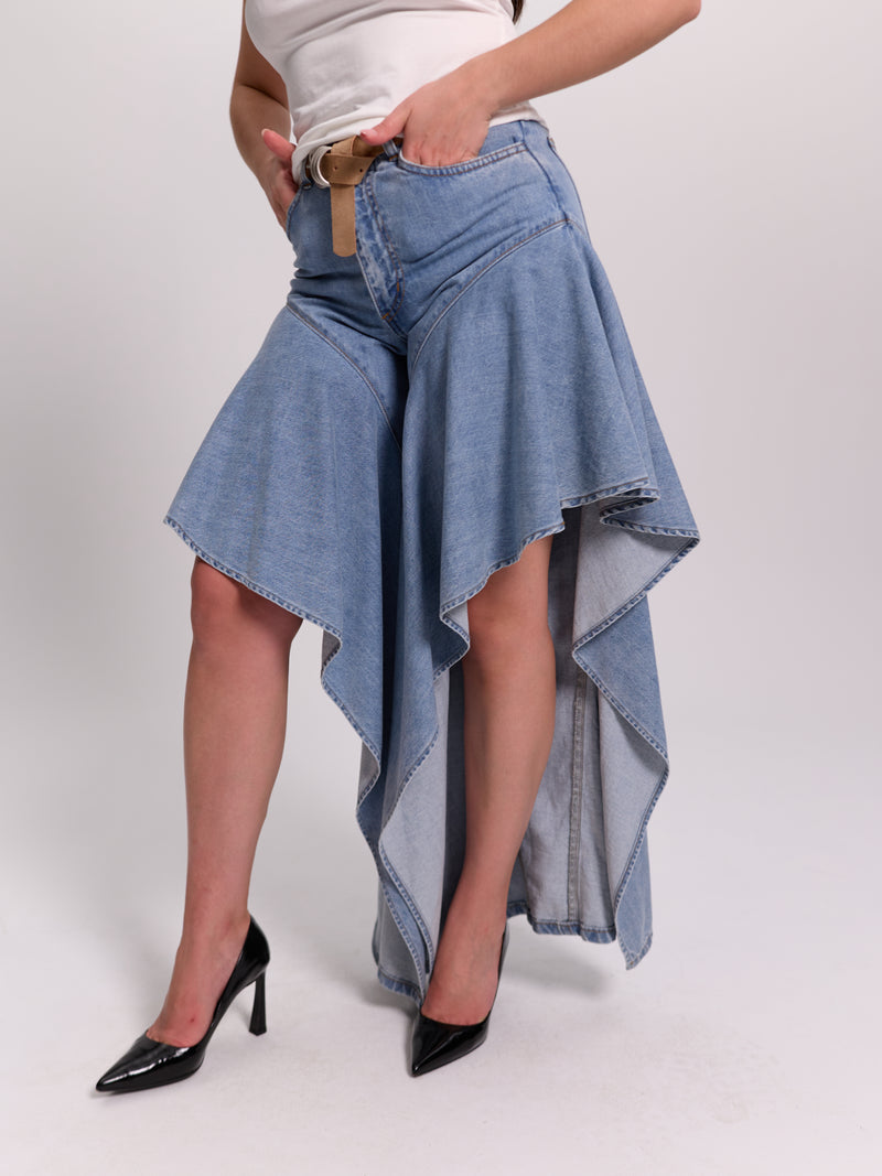 Light-wash Asymmetric Flared-Hem Denim Trousers
