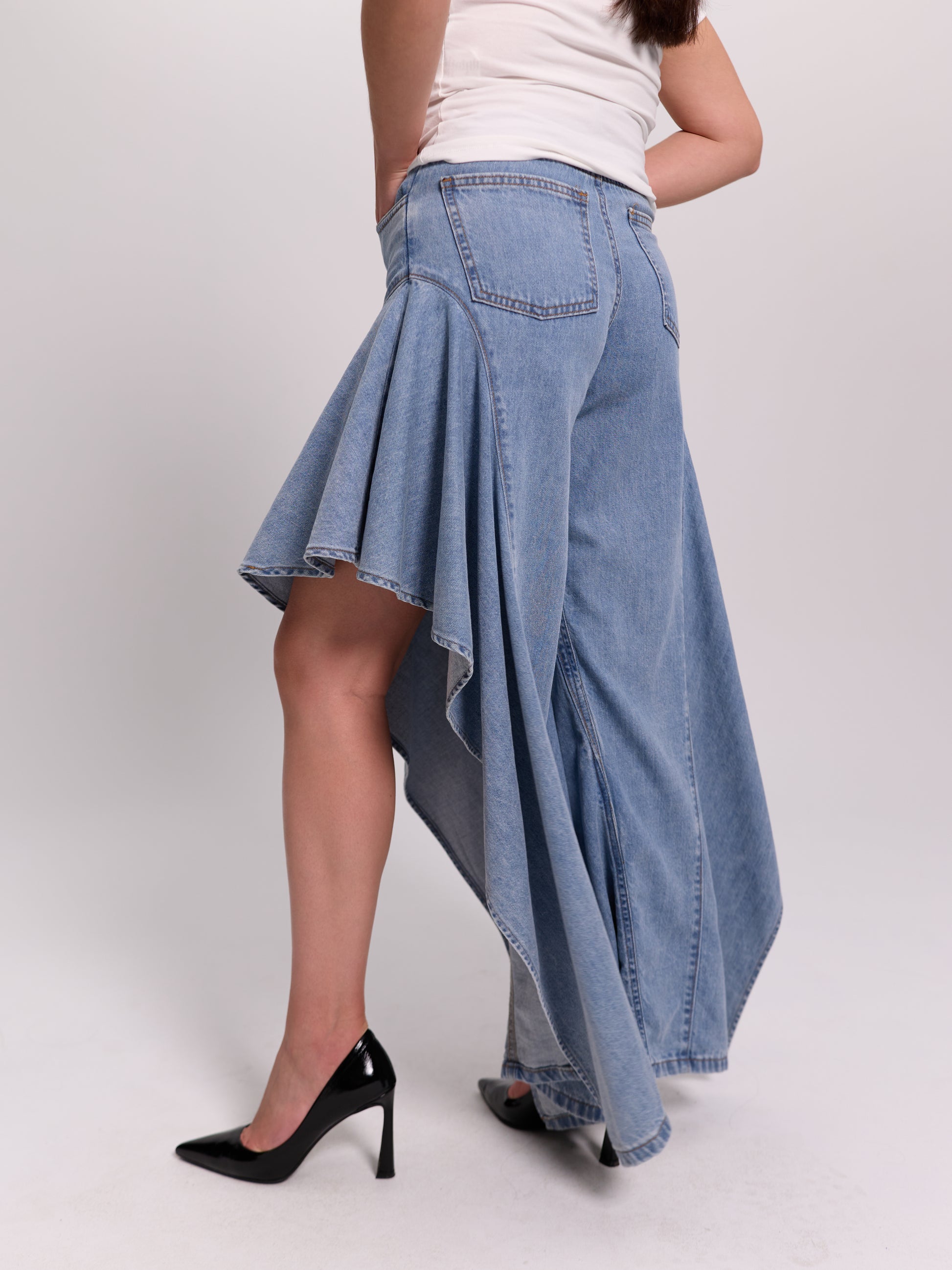 Light-wash Asymmetric Flared-Hem Denim Trousers