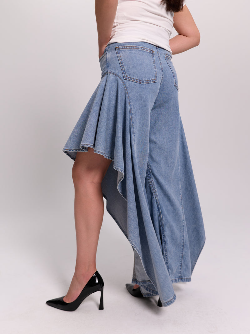Light-wash Asymmetric Flared-Hem Denim Trousers