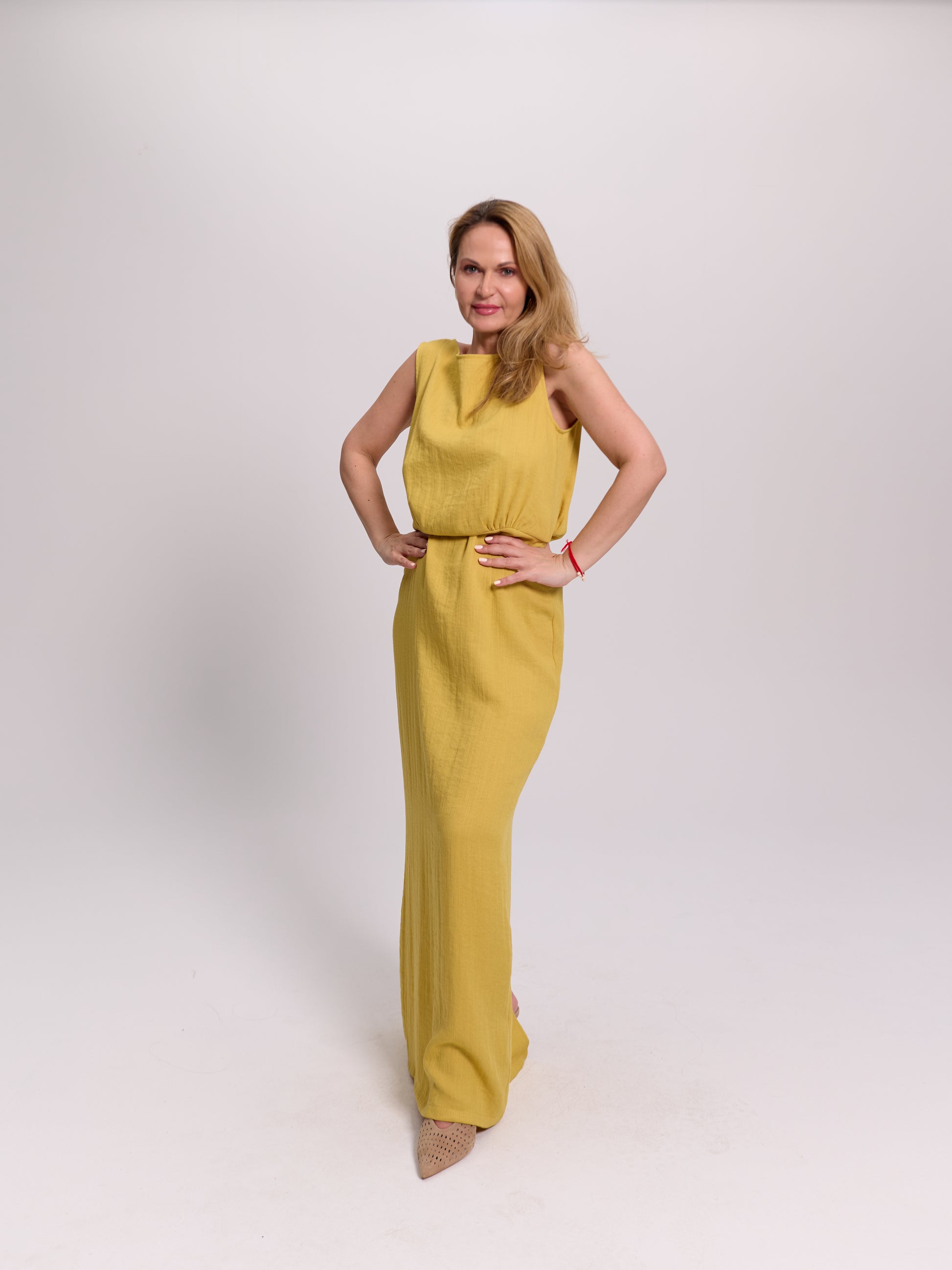 Yellow Open-Back Pearl Detail Linen Maxi Dress