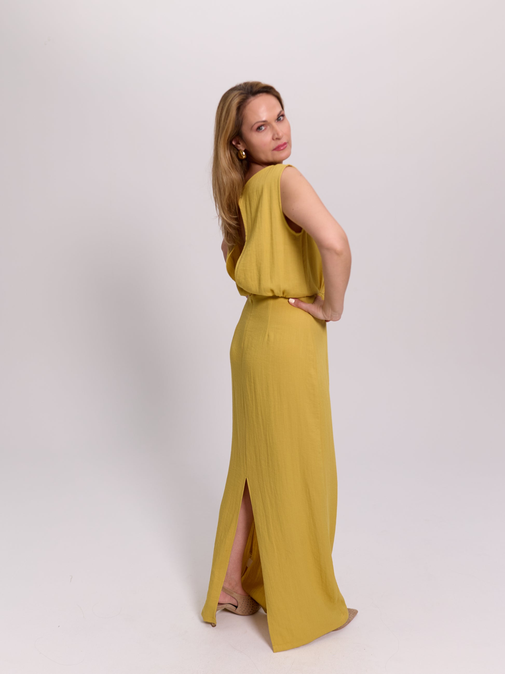 Yellow Open-Back Pearl Detail Linen Maxi Dress