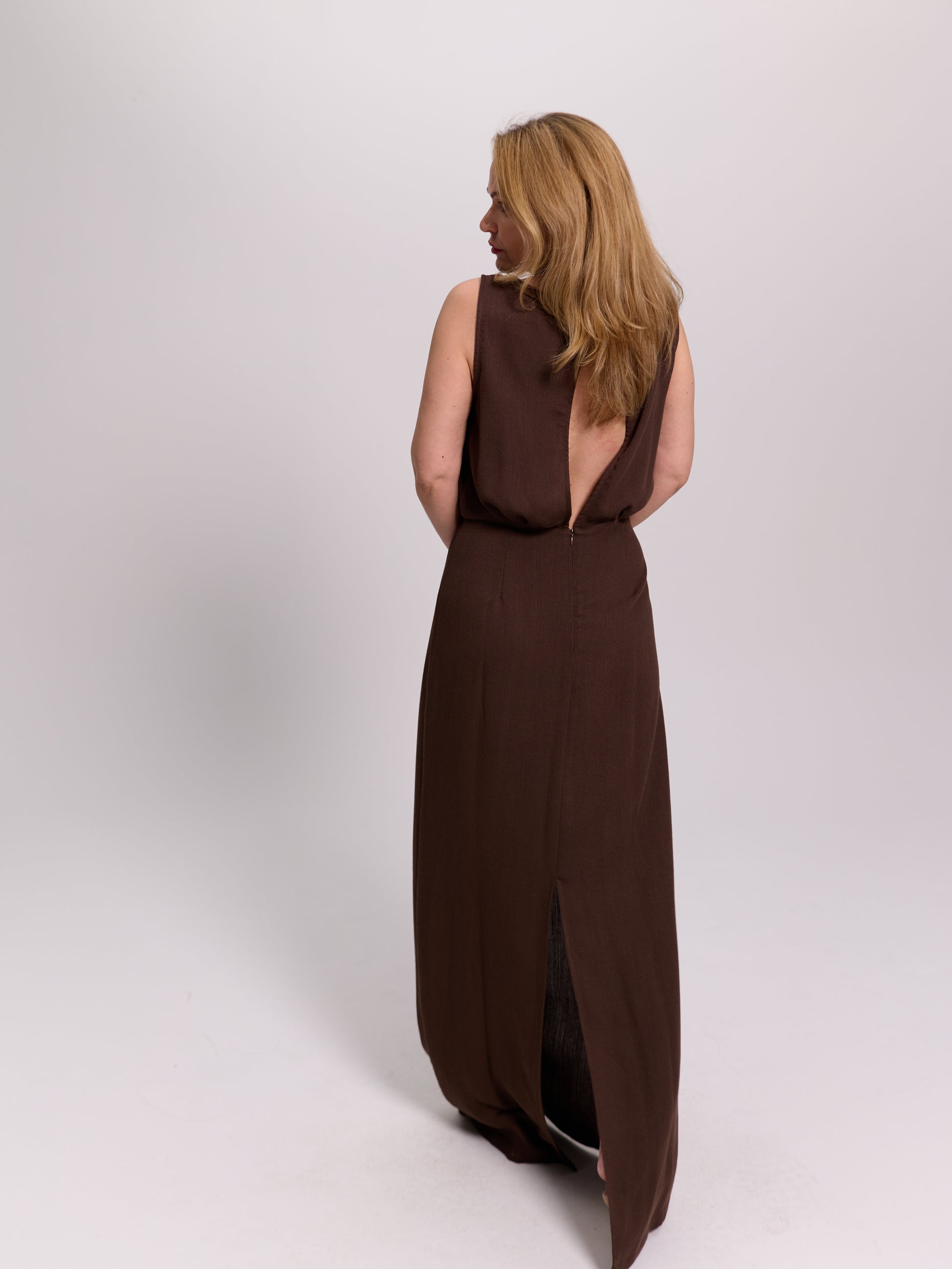 Brown Open-Back Pearl Detail Linen Maxi Dress