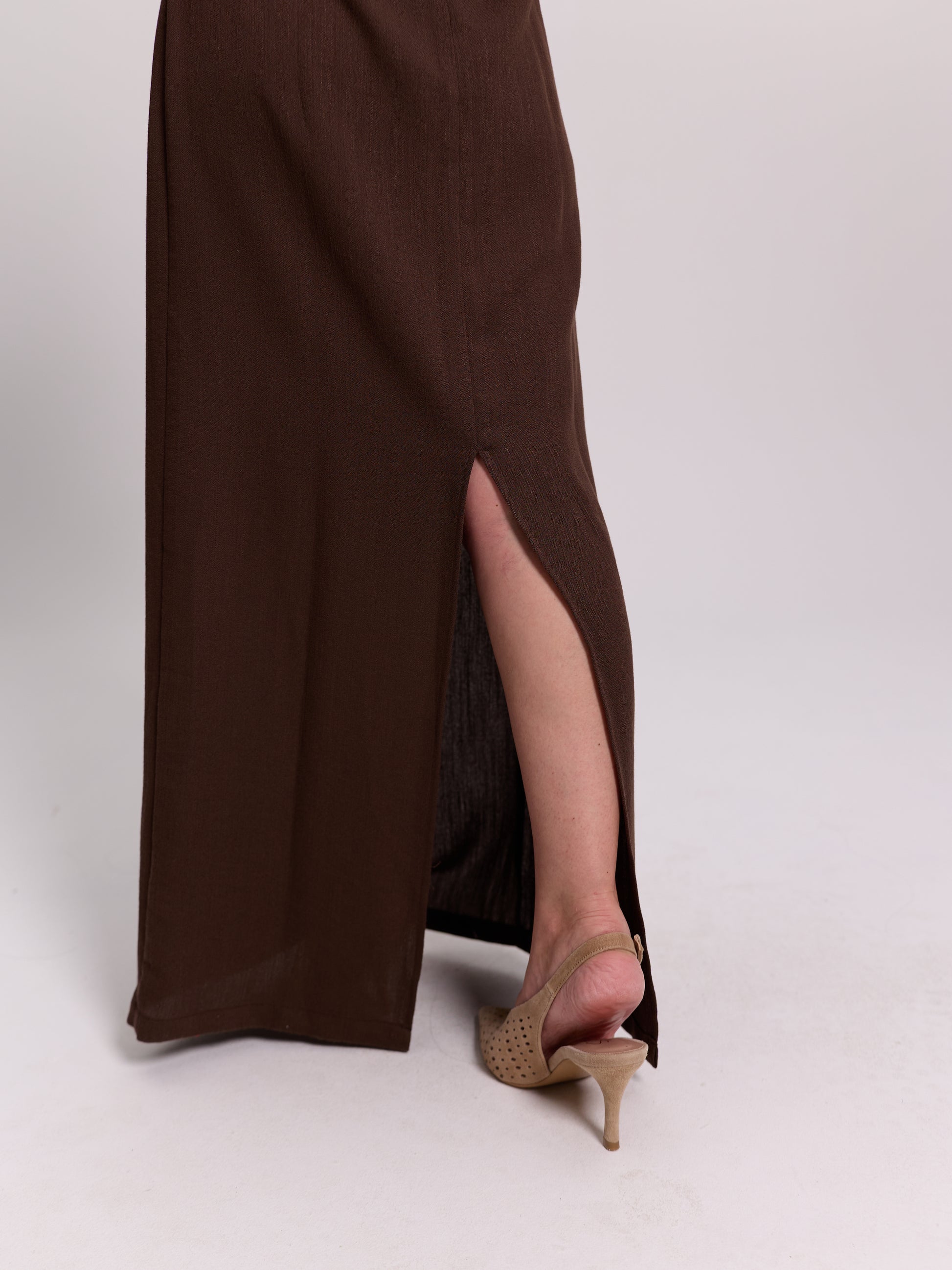 Brown Open-Back Pearl Detail Linen Maxi Dress