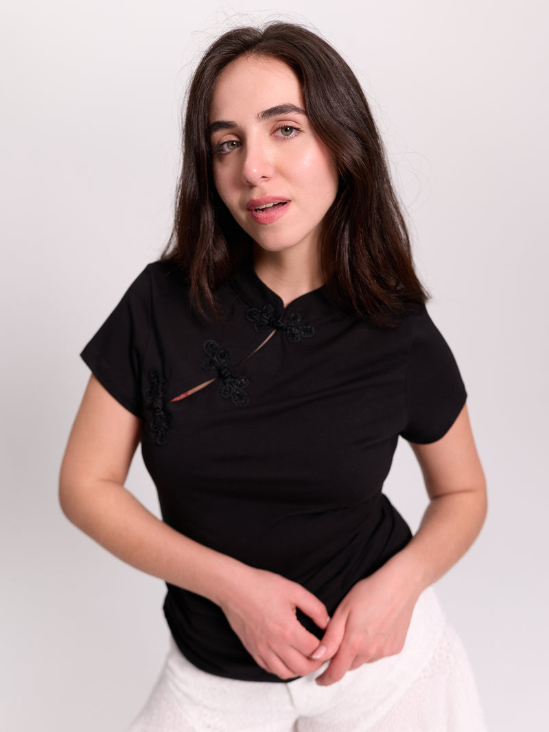 Frog-Button Mandarin Collar Top